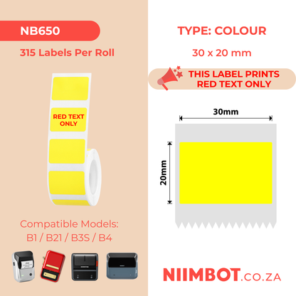 NB650 - NIIMBOT - B1 / B21 / B3S / B4 - T30X20 - 315 LABELS PER ROLL - YELLOW - RED TEXT ONLY - RECTANGLE
