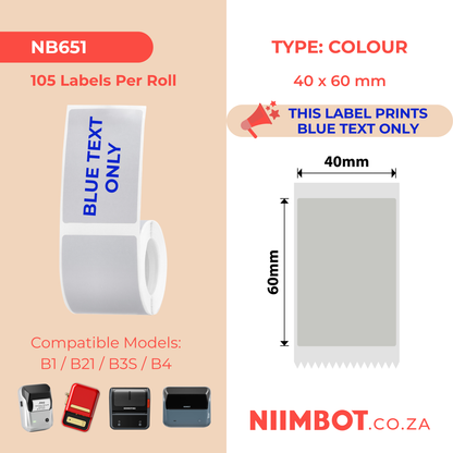 NB651 - NIIMBOT - B1 / B21 / B3S / B4 - T40X60 - 105 LABELS PER ROLL - SILVER GRAY - BLUE TEXT ONLY - RECTANGLE