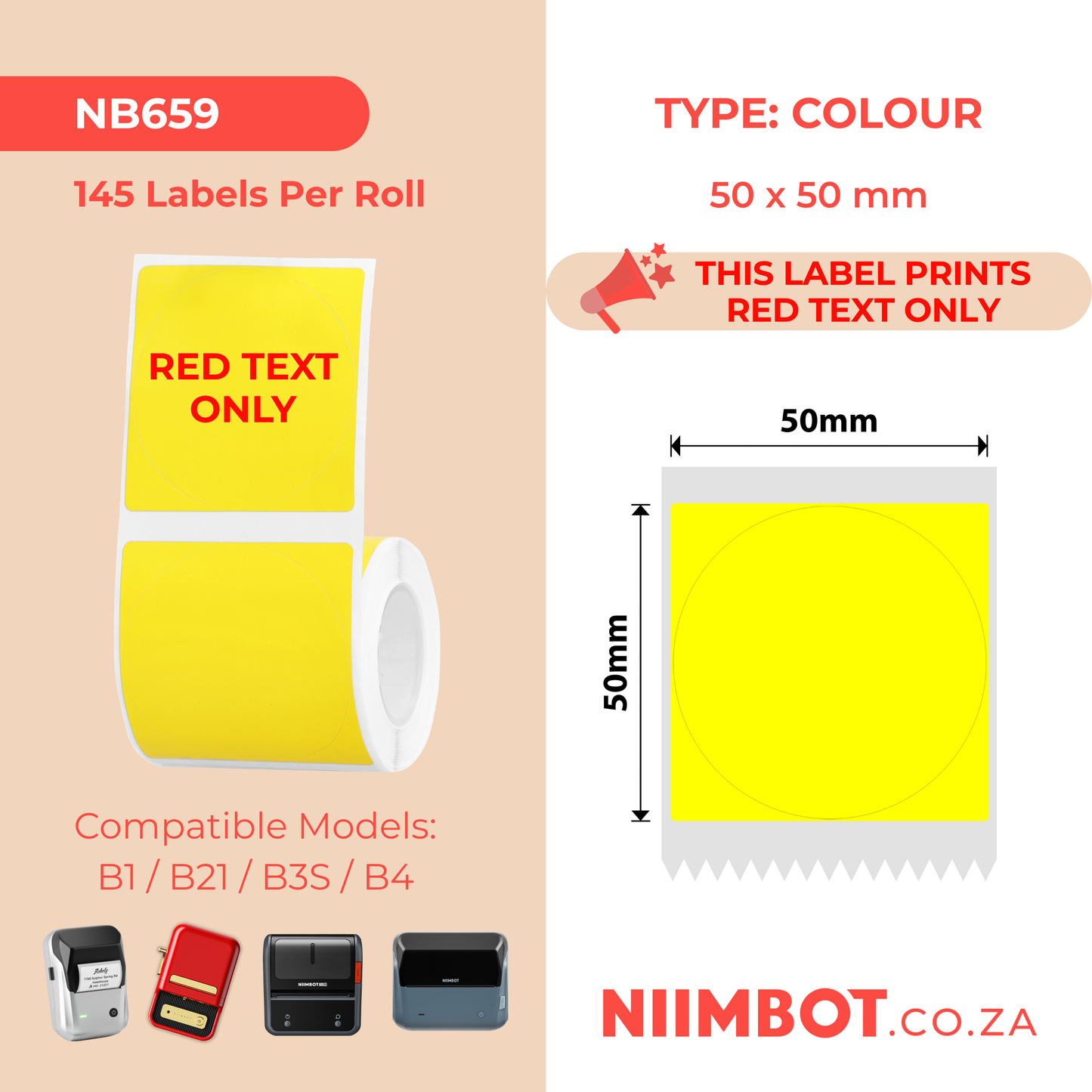 NB659 - NIIMBOT - B1 / B21 / B3S / B4 - T50X50 - 145 LABELS PER ROLL - YELLOW - RED TEXT ONLY - ROUND
