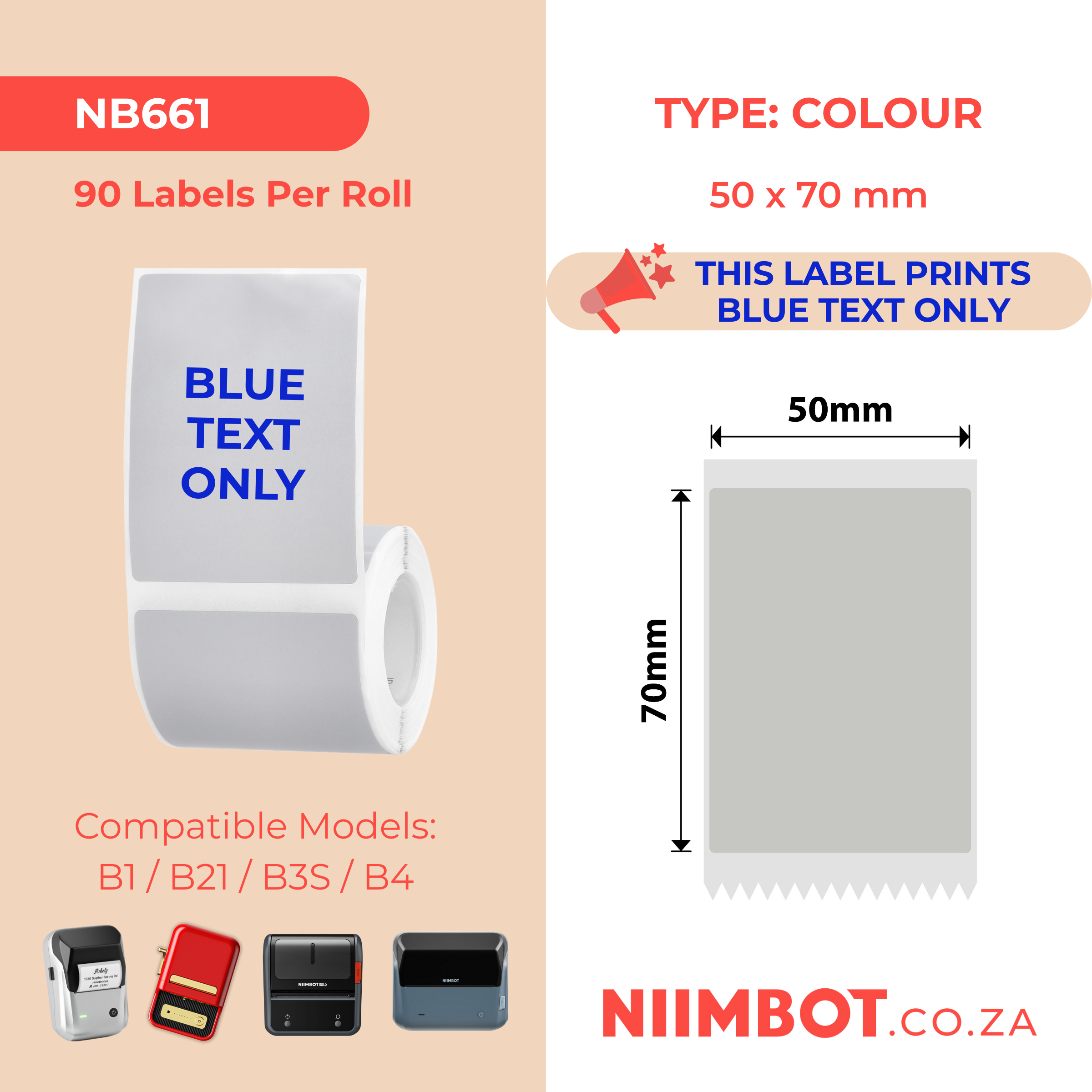 NB661 - NIIMBOT - B1 / B21 / B3S / B4 - T50X70 - 90 LABELS PER ROLL - SILVER GRAY - BLUE TEXT ONLY - RECTANGLE
