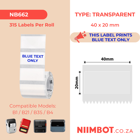 NB662 - NIIMBOT - B1 / B21 / B3S / B4 - TT40X20 - 315 LABELS PER ROLL - TRANSPARENT - BLUE TEXT ONLY - RECTANGLE