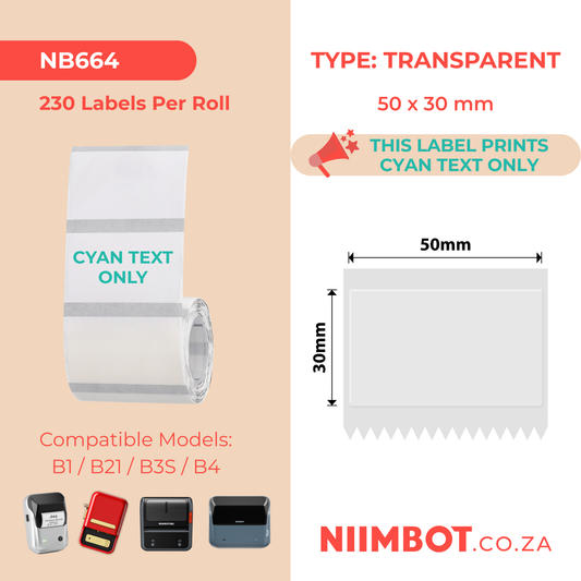 NB664 - NIIMBOT - B1 / B21 / B3S / B4 - TT50X30 - 230 LABELS PER ROLL - TRANSPARENT - CYAN TEXT ONLY - RECTANGLE