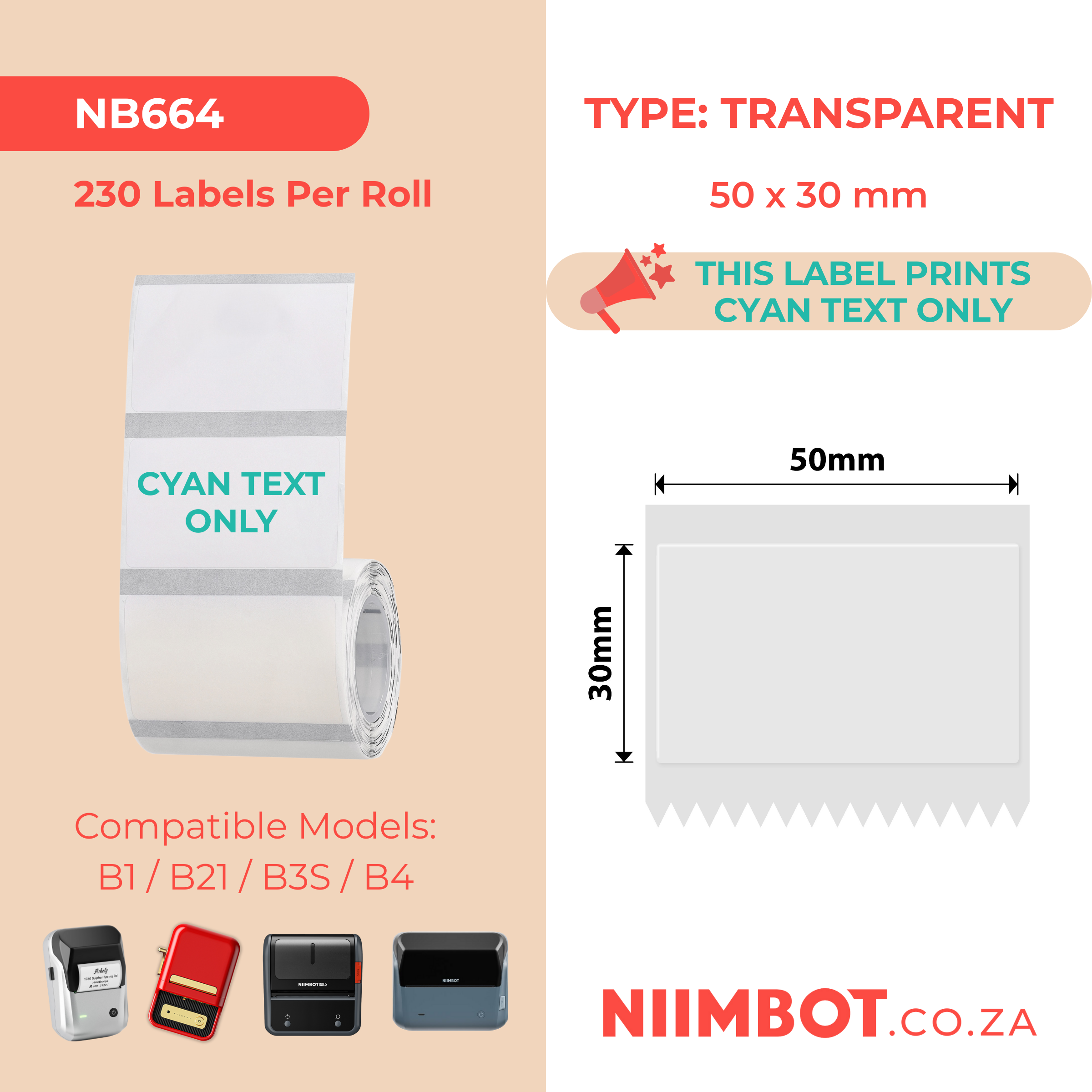 NB664 - Niimbot - B1 / B21 / B31 / B3S / B4 - 50x30mm - 230 Transparent Cyan Text Labels