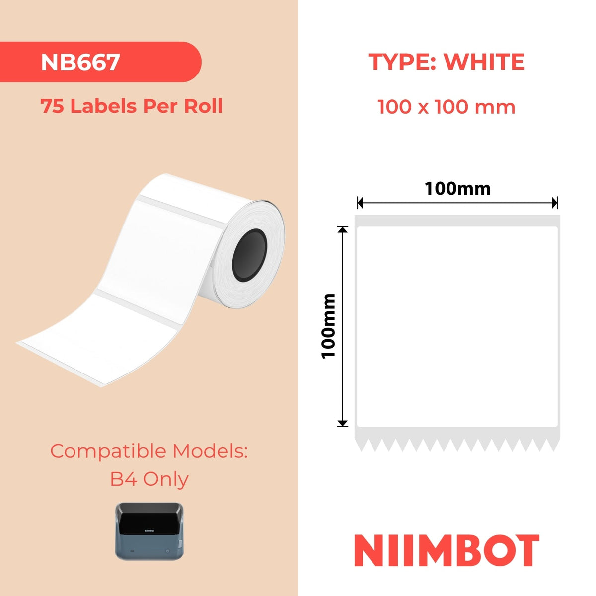 NIIMBOT - B4 Only - 100x100mm - White - 75 Labels
