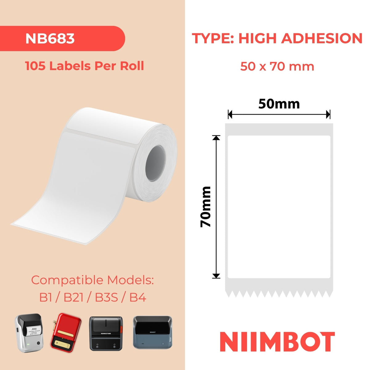 NIIMBOT - B Range - 50x70mm - White Extra Strong Adhesive - 105 Labels