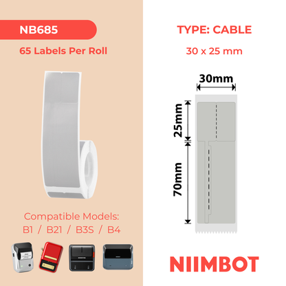 NB685 - NIIMBOT - B1 / B21 / B3S / B4 - 30X25MM +70MM - 65 LABELS - GREY - BRACELET JEWELLERY - VOID LABEL