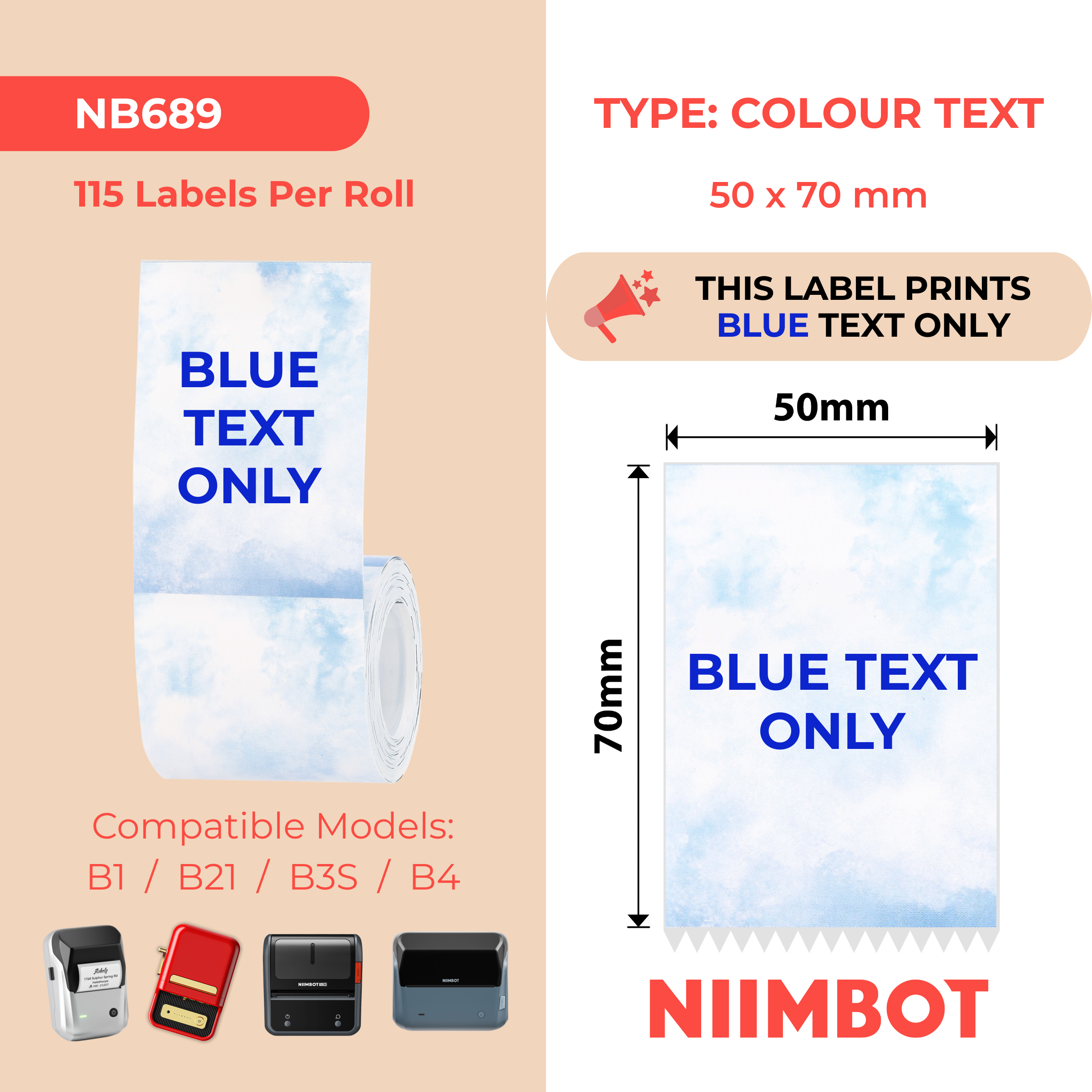NB689 - Niimbot - B1 / B21 / B3S / B4 - 50x70mm - 115 Blue Text Stationary Pattern Labels