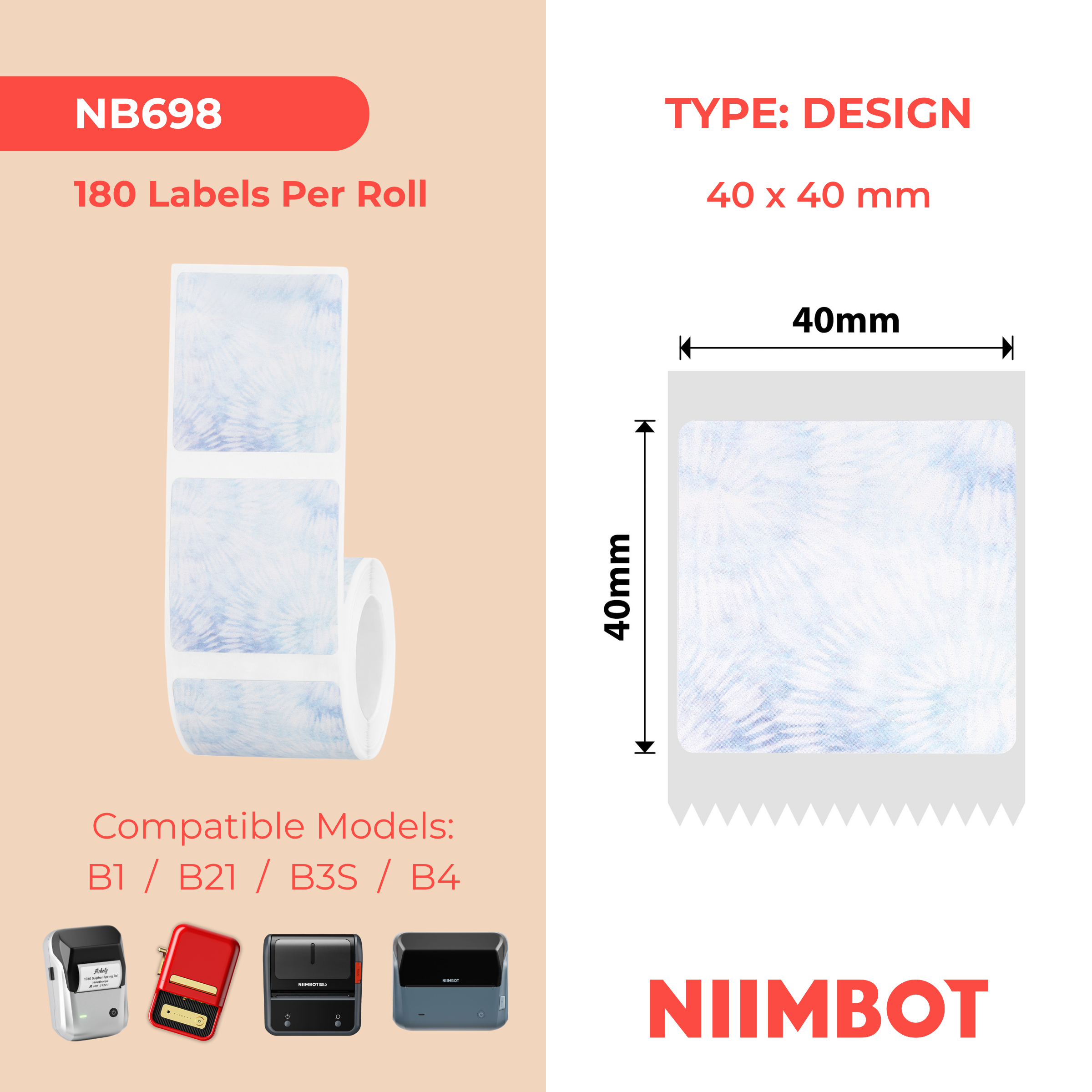 NB698 - Niimbot - B1 / B21 / B31 / B3S / B4 - 40x40mm - 180 Blue Text Journal Style Labels