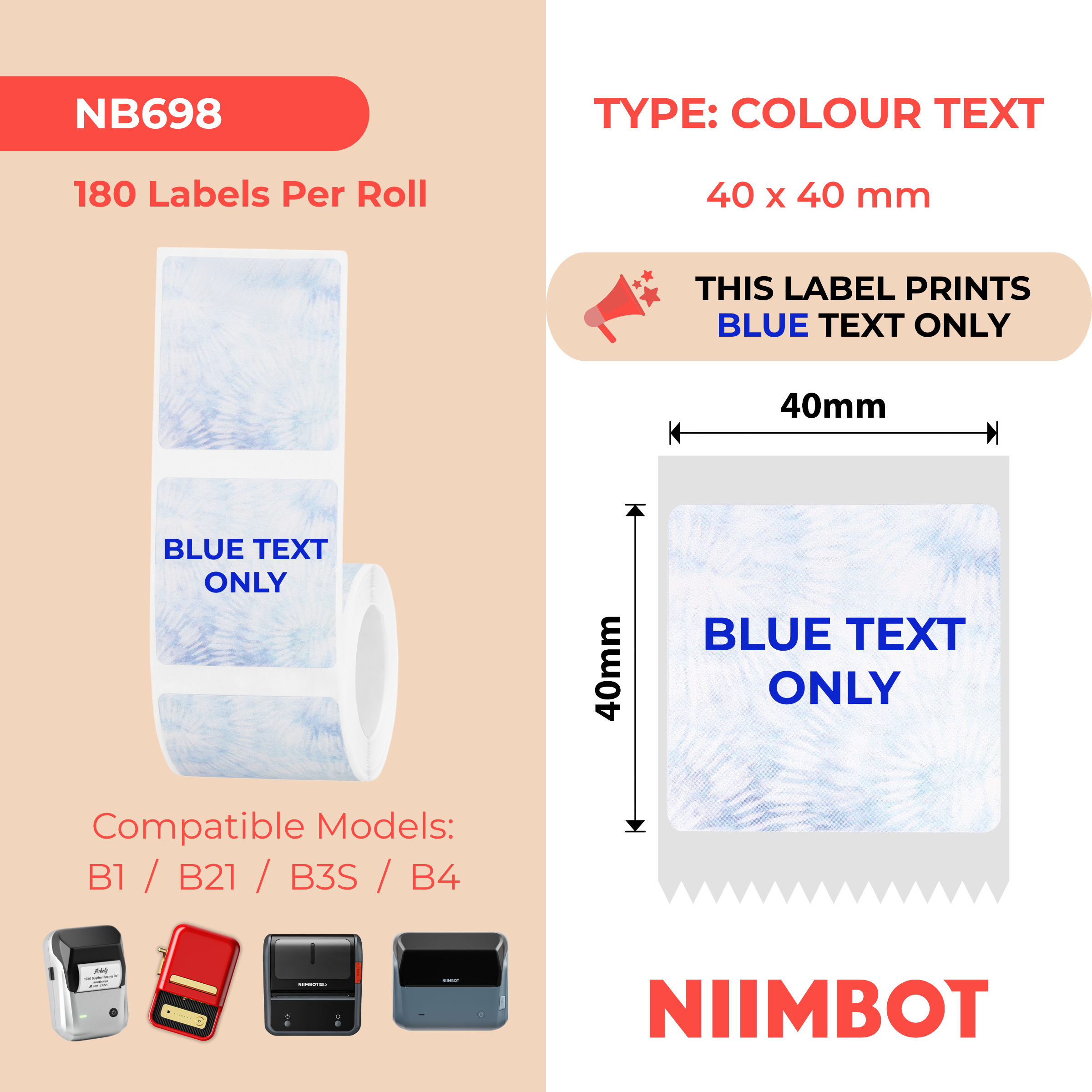 NB698 - Niimbot - B1 / B21 / B31 / B3S / B4 - 40x40mm - 180 Blue Text Journal Style Labels