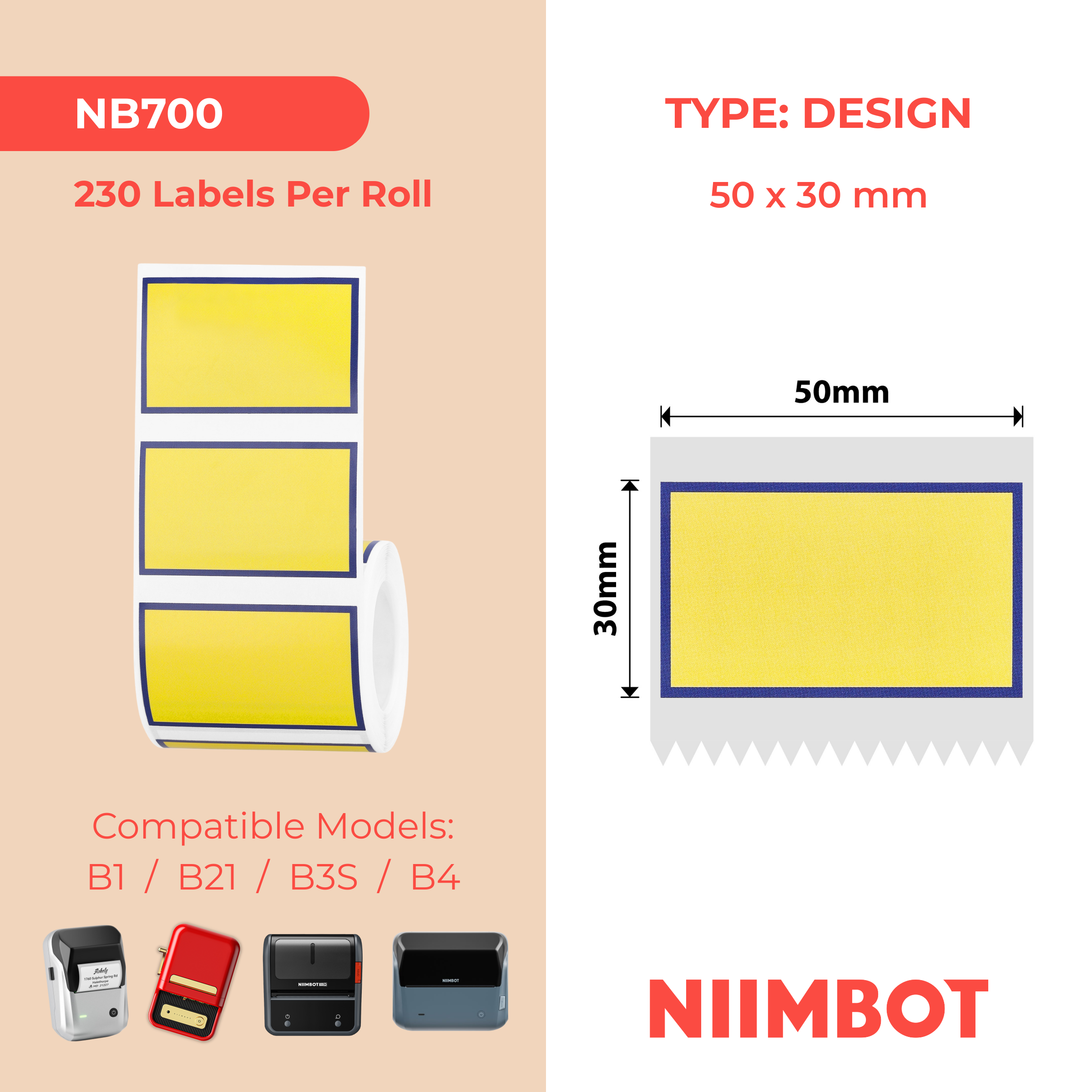 NB700 - Niimbot - B1 / B21 / B31 / B3S / B4 - 50x30mm - 230 Blue Border Labels