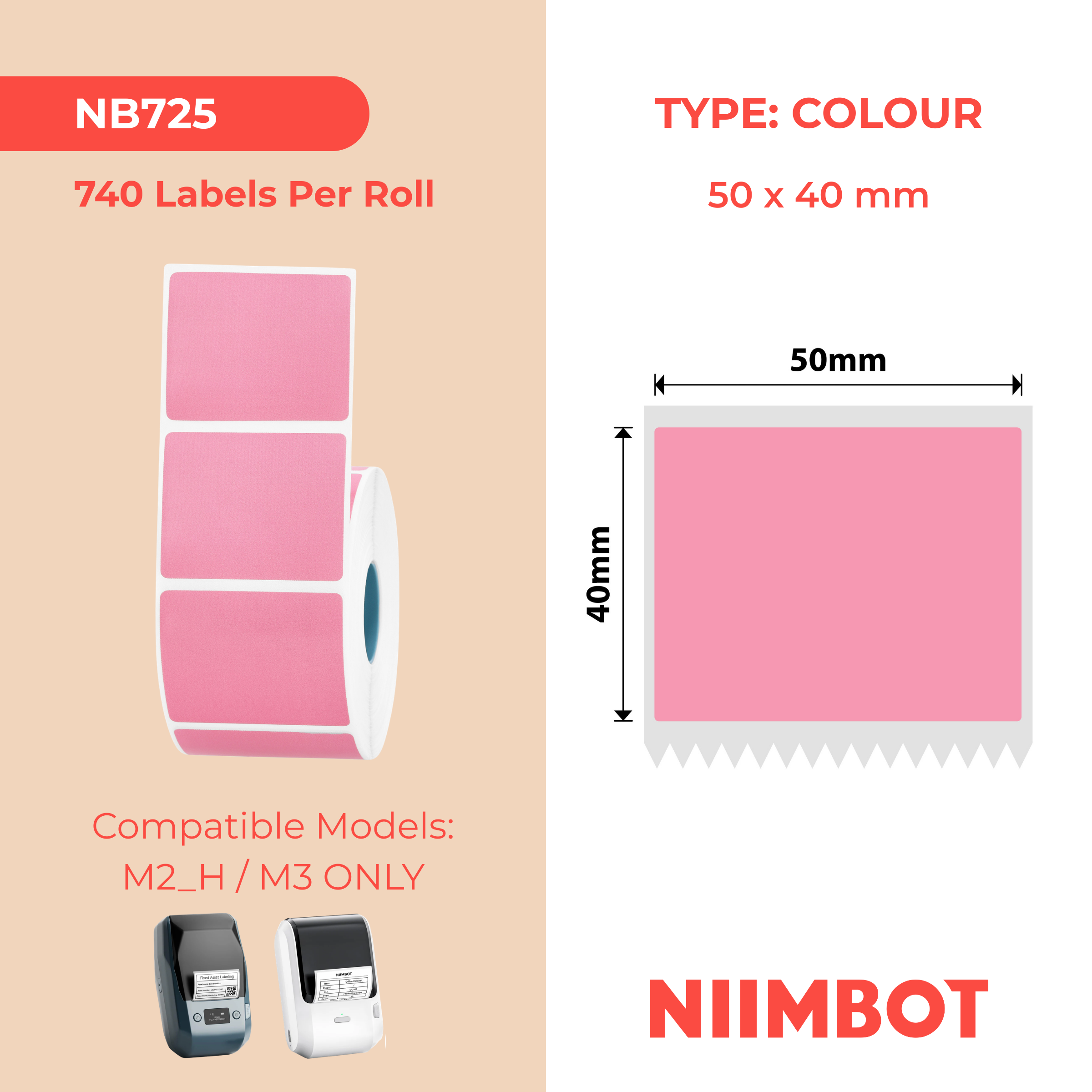 NB725 - Niimbot - K2 / K3 - 50x40mm - 740 Pink Labels