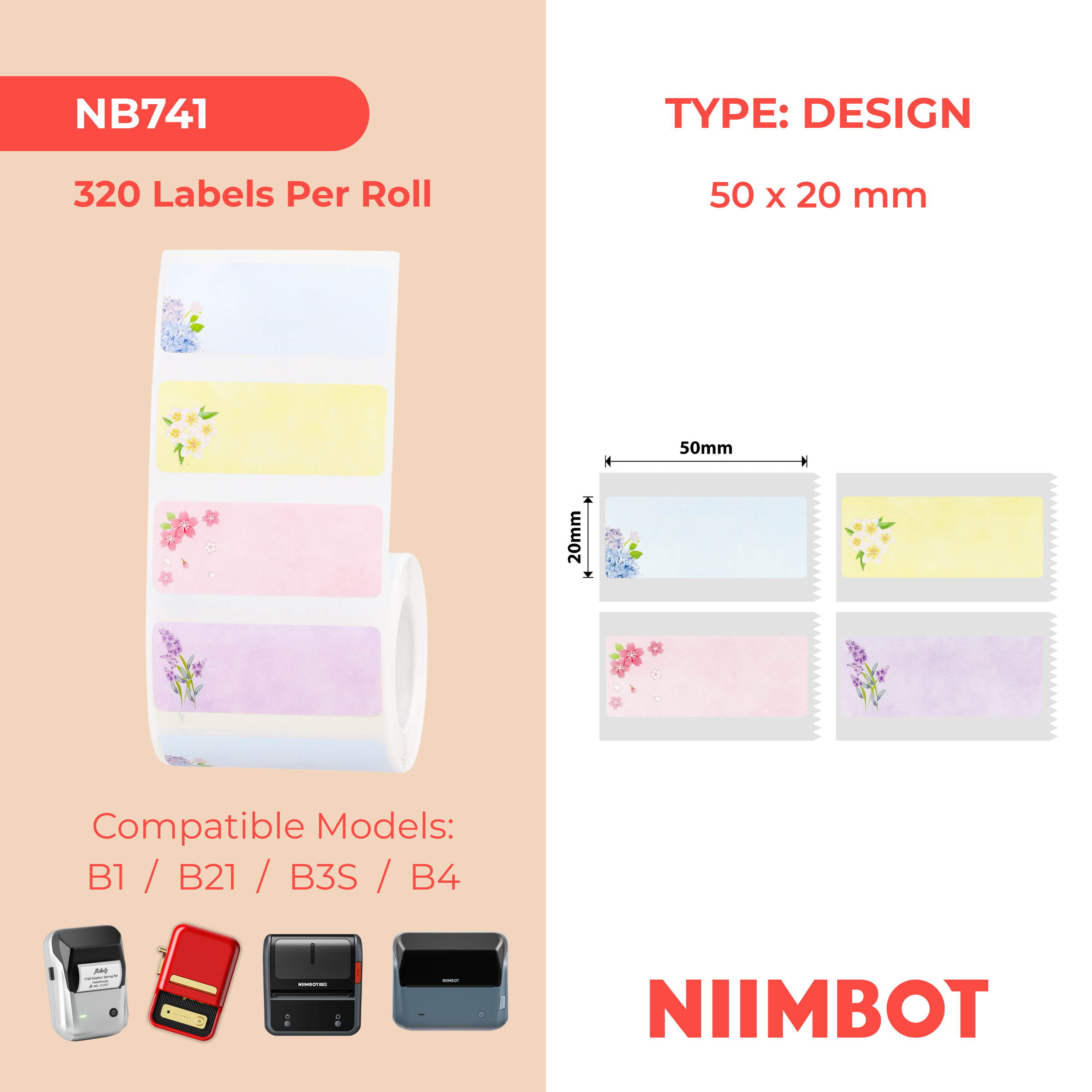 NB741 - Niimbot - B1 / B21 / B31 / B3S / B4 - 50x20mm - 320 Like A Flower Season Labels