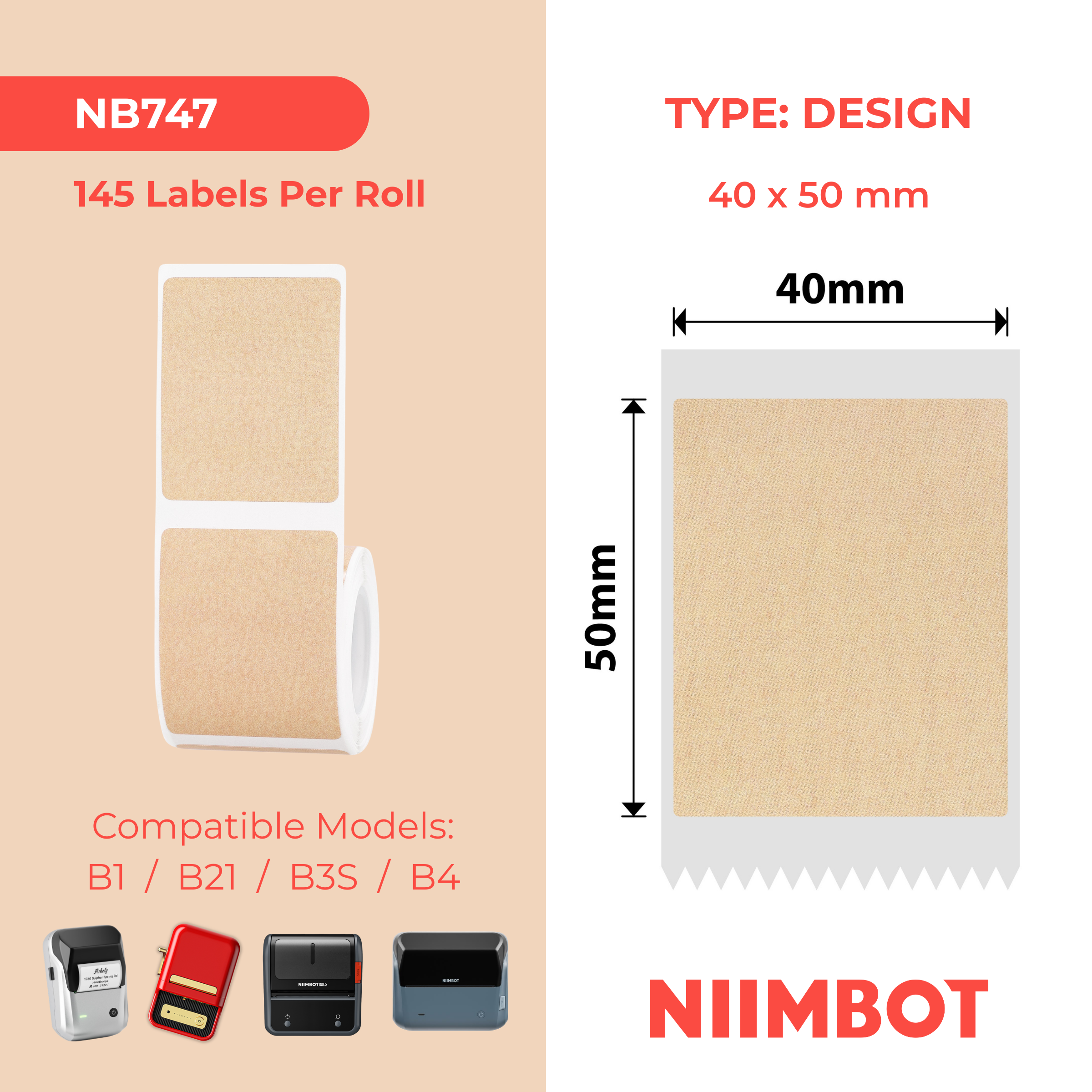 NB747 - Niimbot - B1 / B21 / B31 / B3S / B4 - 40x50mm - 145 Labels - Kraft