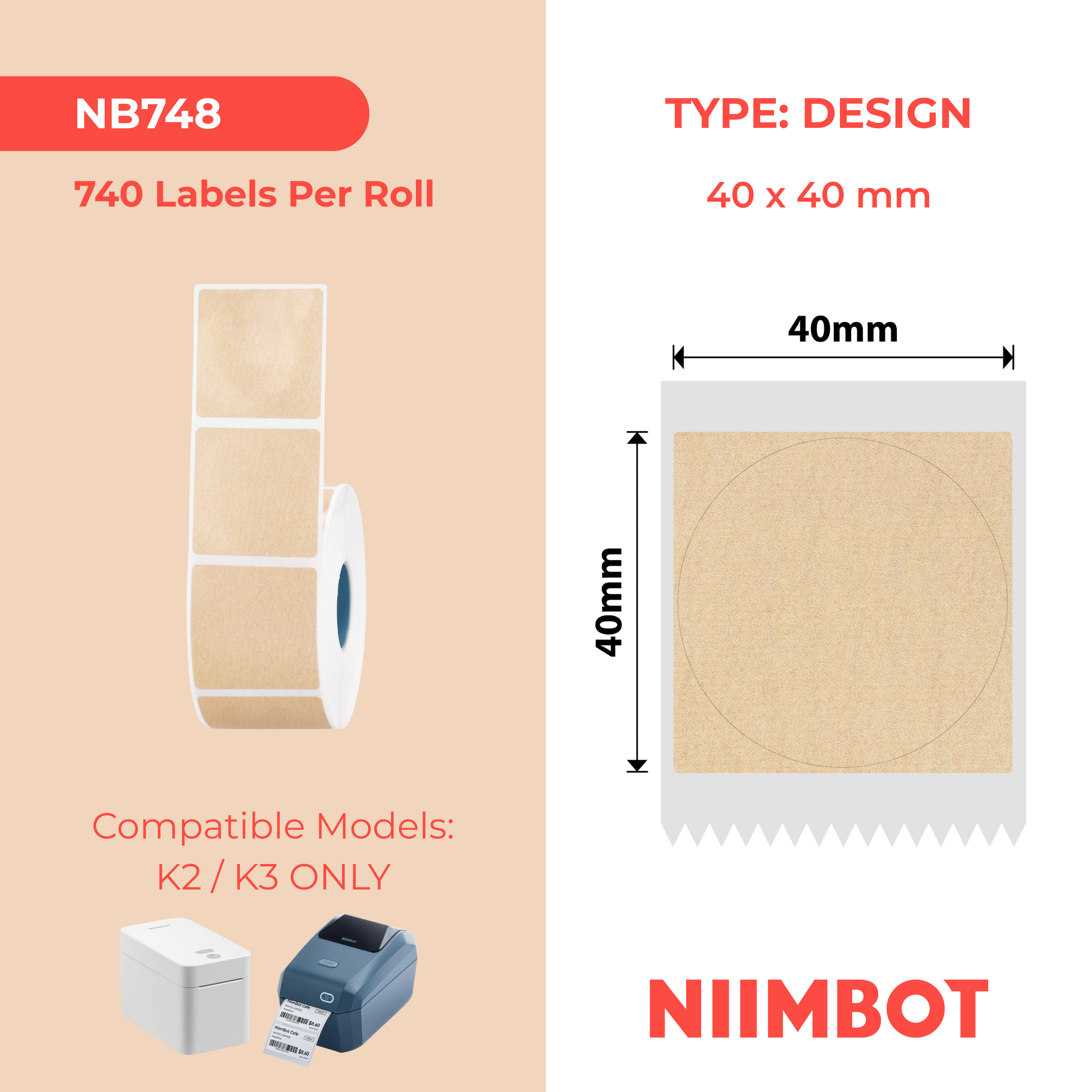 NB748 - Niimbot - K2 / K3 - 40x40mm - 740 Kraft Round Labels