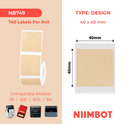 NB749 - Niimbot - B1 / B21 / B31 / B3S / B4 - 40x40mm - 180 Kraft Round Labels
