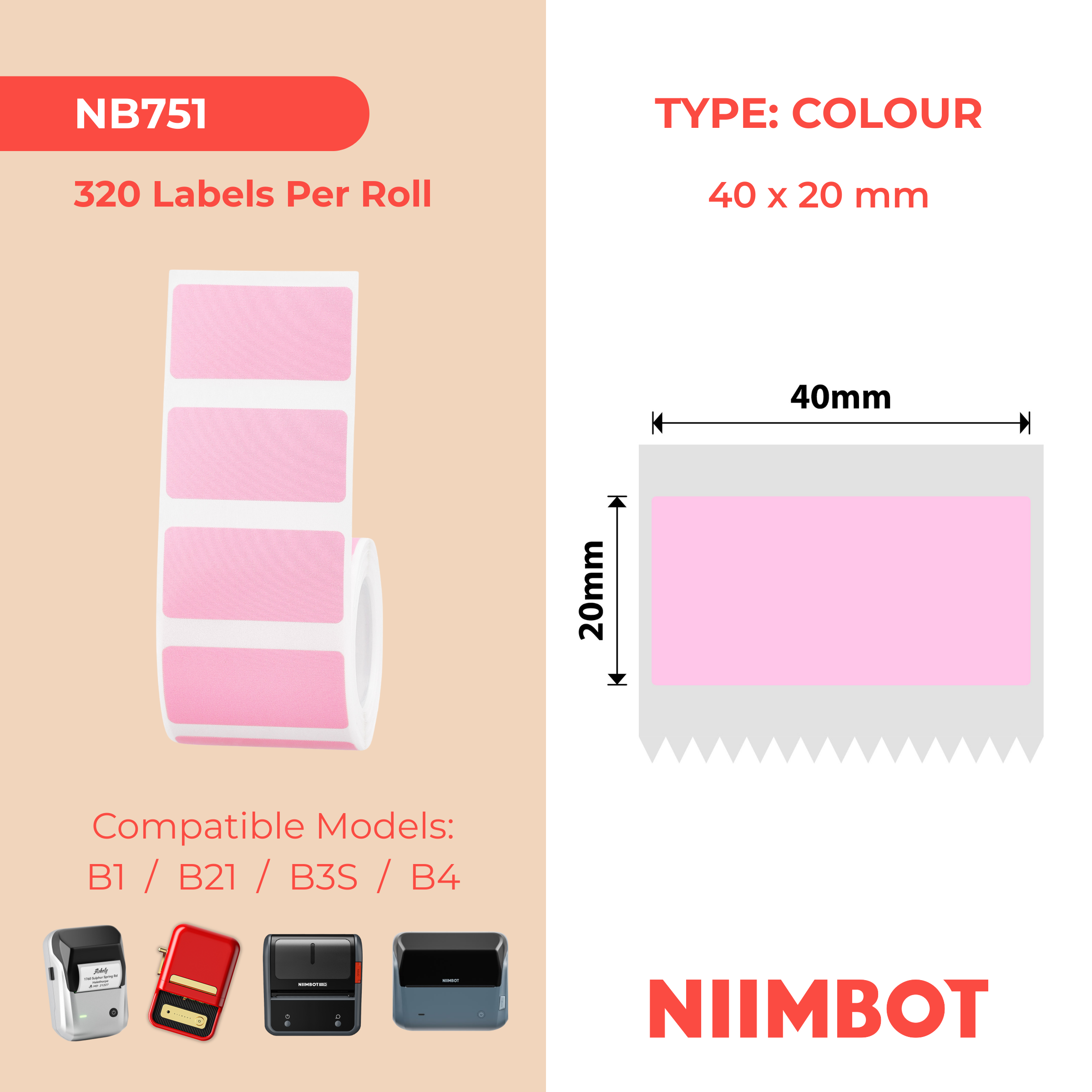 NB751 - Niimbot - B1 / B21 / B31 / B3S / B4 - 40x20mm - 320 Pink Labels
