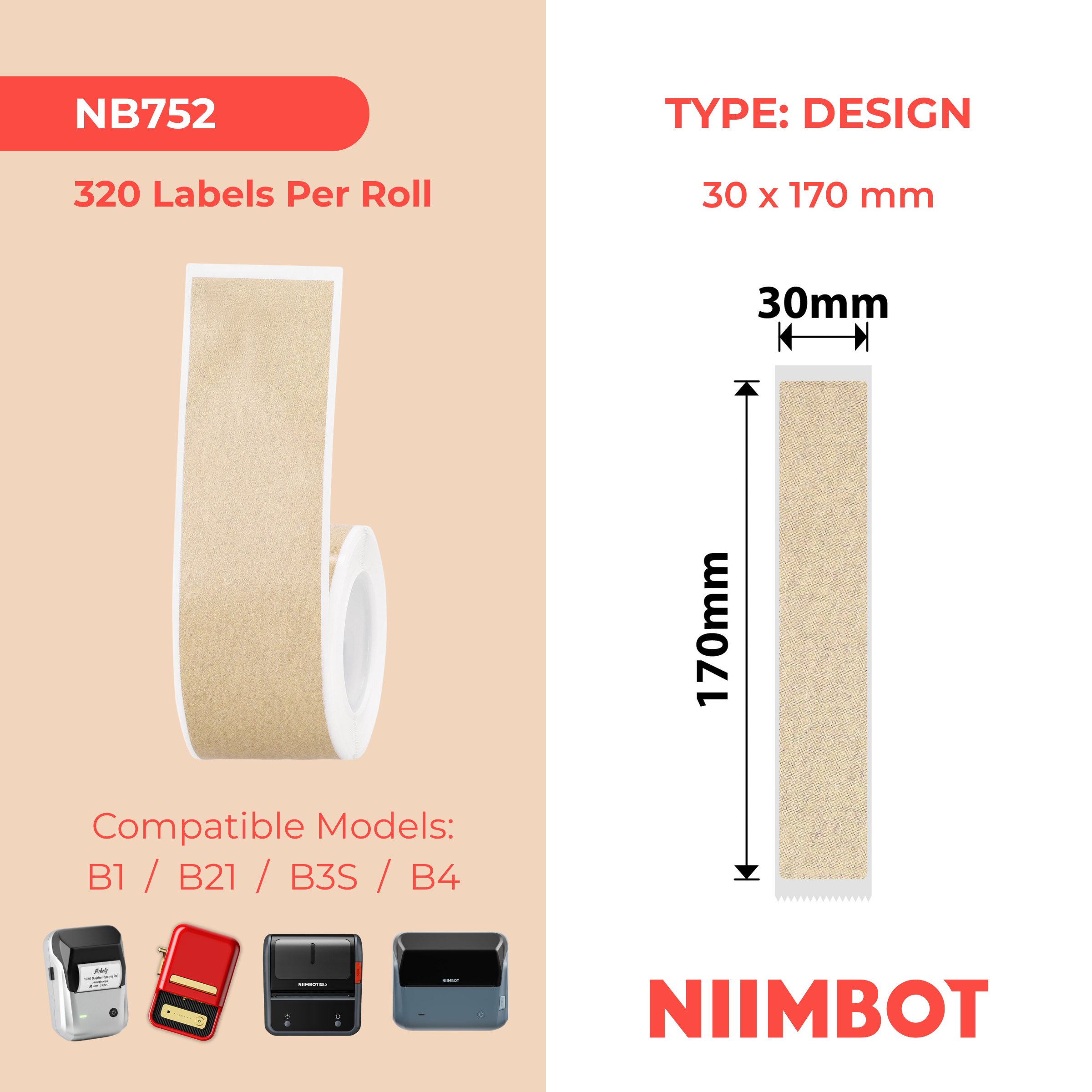 NB752 - Niimbot - B1 / B21 / B31 / B3S / B4 - 30x170mm - 45 Kraft File Labels