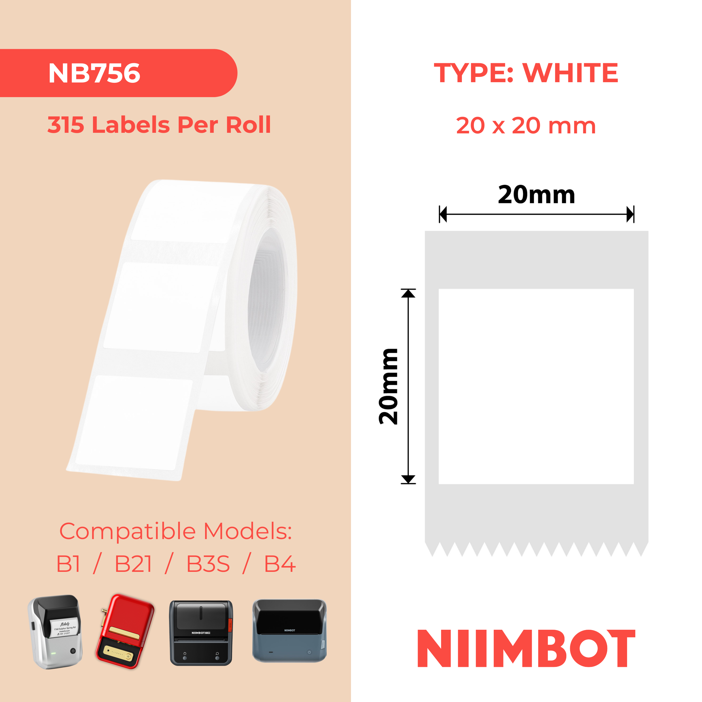 NIIMBOT - B1 / B21 / B3S / B4 - 20X20MM - 315 LABELS - WHITE (F STYLE)