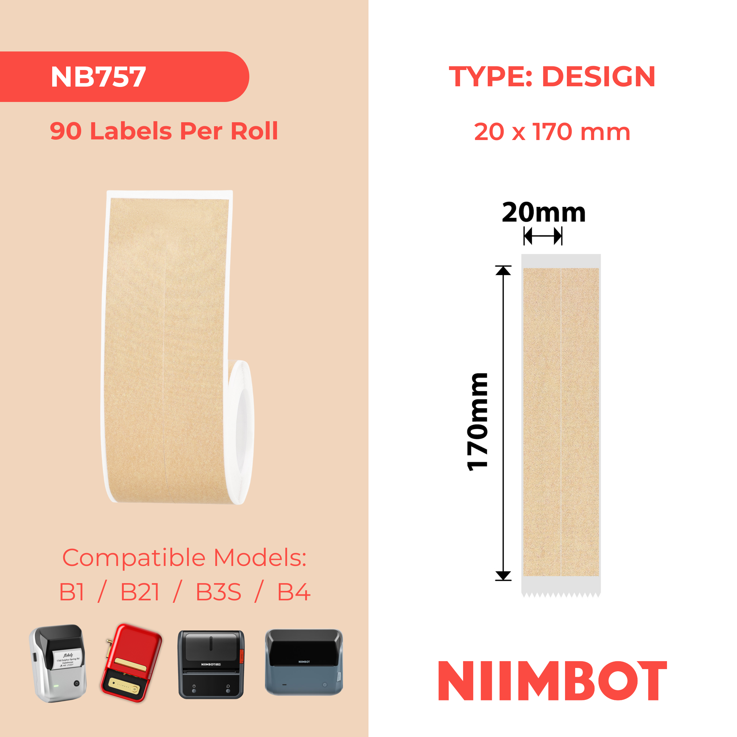 NB757 - Niimbot - B1 / B21 / B31 / B3S / B4 - 20x170mm/2L - 90 Kraft File Labels