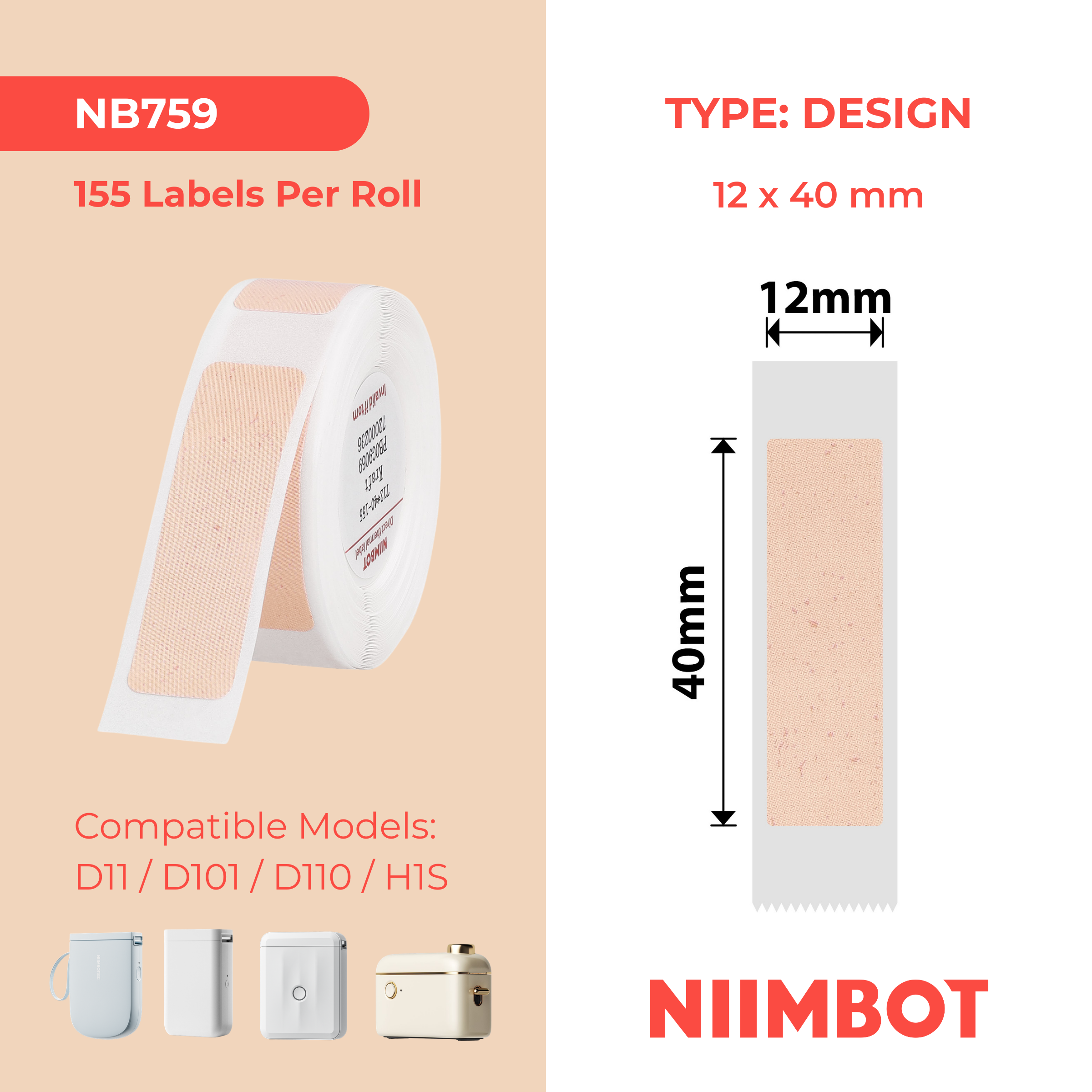 NB759 - Niimbot - D11 / D101 / D110 / H1S - 12x40mm - 155 Kraft Labels