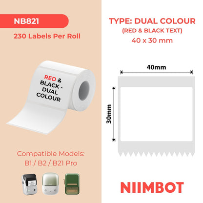 NIIMBOT - B Pro Range - 40x30mm - White - Dual Colour - Red & Black Text - 230 Labels
