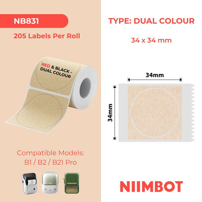 NIIMBOT - B Pro Range - 34x34mm - Kraft Round - Dual Colour - Red & Black Text - 205 Labels