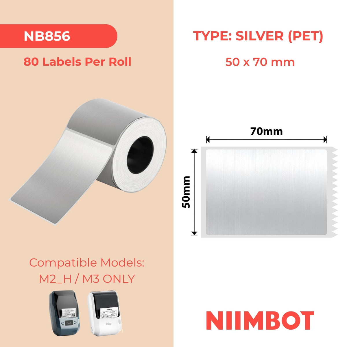 NIIMBOT - M Range - 50x70mm - Brushed Silver - 80 Labels
