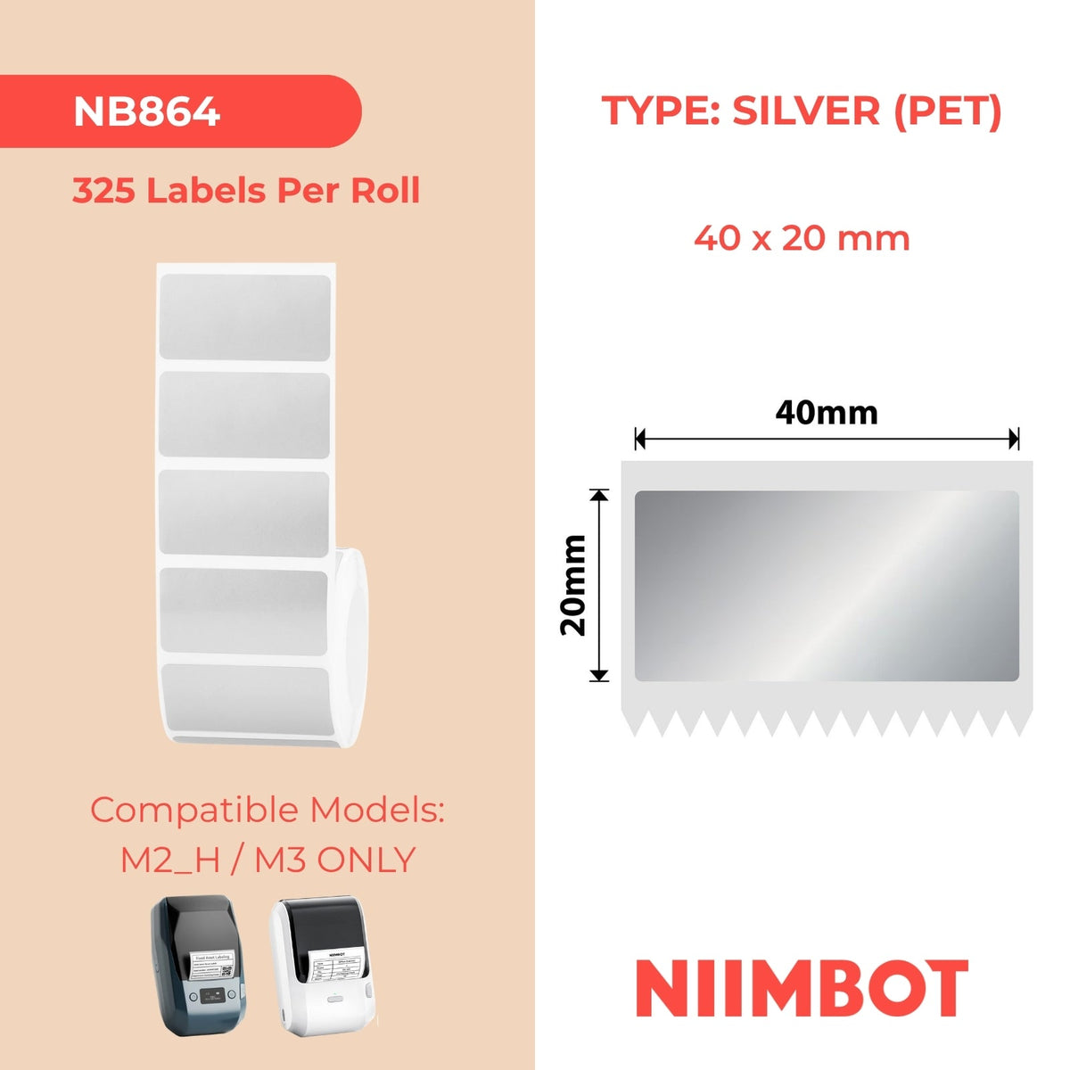NIIMBOT - M Range - 40x20mm - Matte Silver - 325 Labels