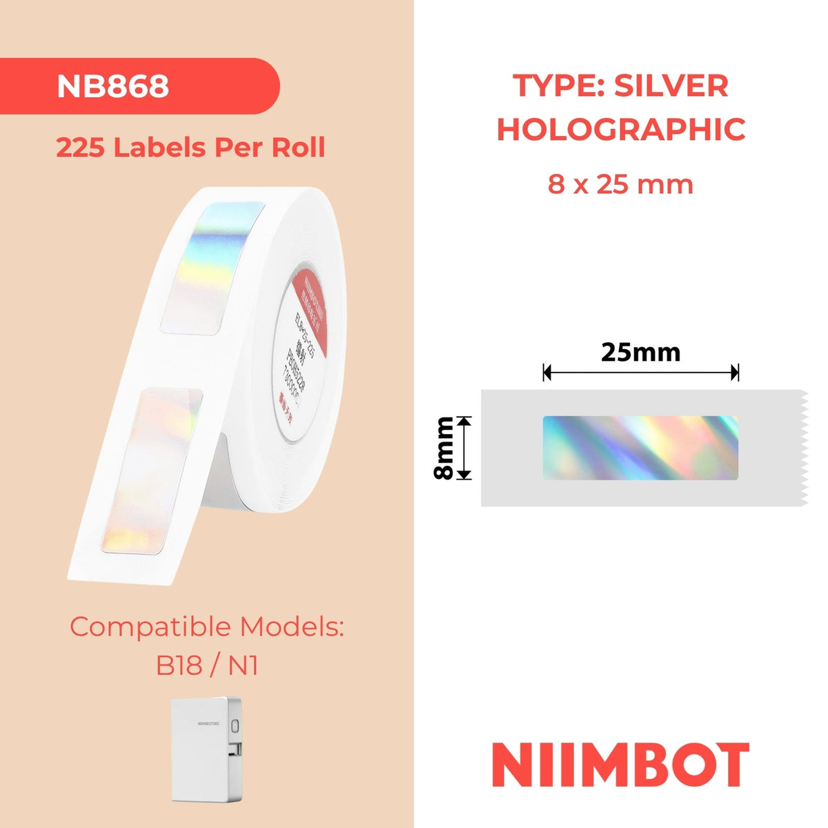 NIIMBOT - N1 - 8x25mm - Silver Laser Holographic - 225 Labels