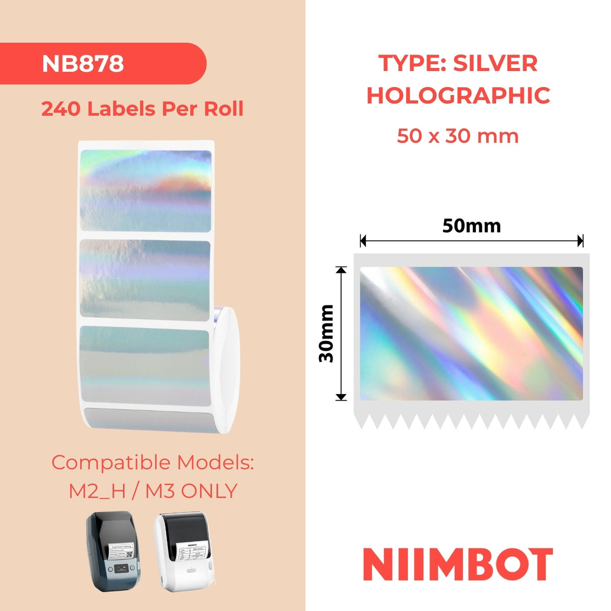 NIIMBOT - M Range - 50x30mm - Silver Holographic Laser - 240 Labels