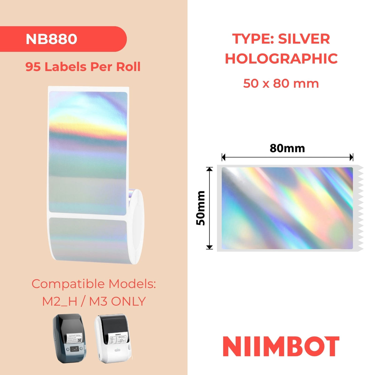 NIIMBOT - M Range - 50x80mm - Silver Holographic Laser - 95 Labels