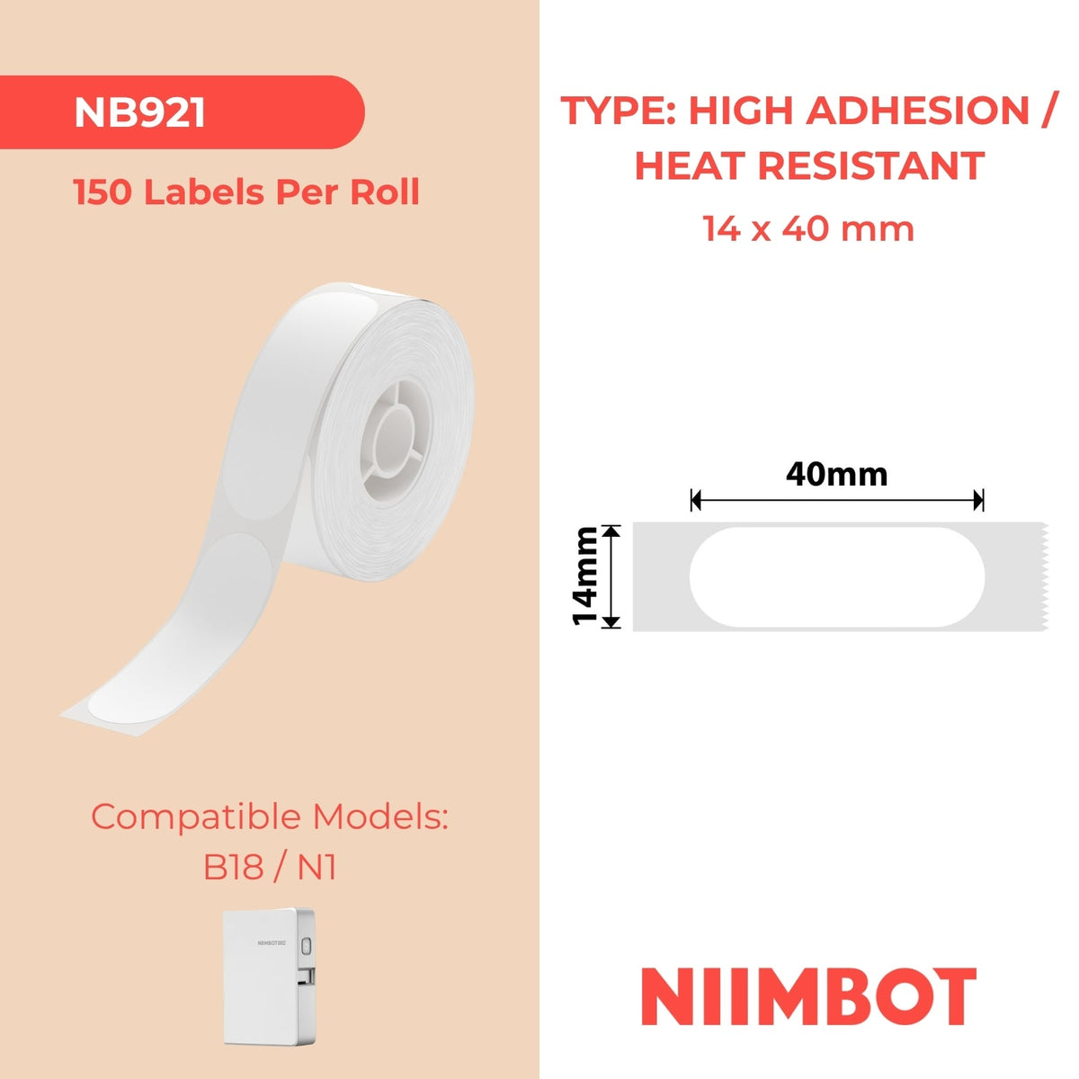 NIIMBOT - N1 - 14x40mm - White Dishwasher High Temperature - 150 Labels