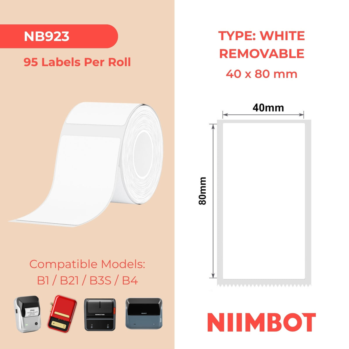 NIIMBOT - B Range - 40x80mm - White Removable - 95 Labels