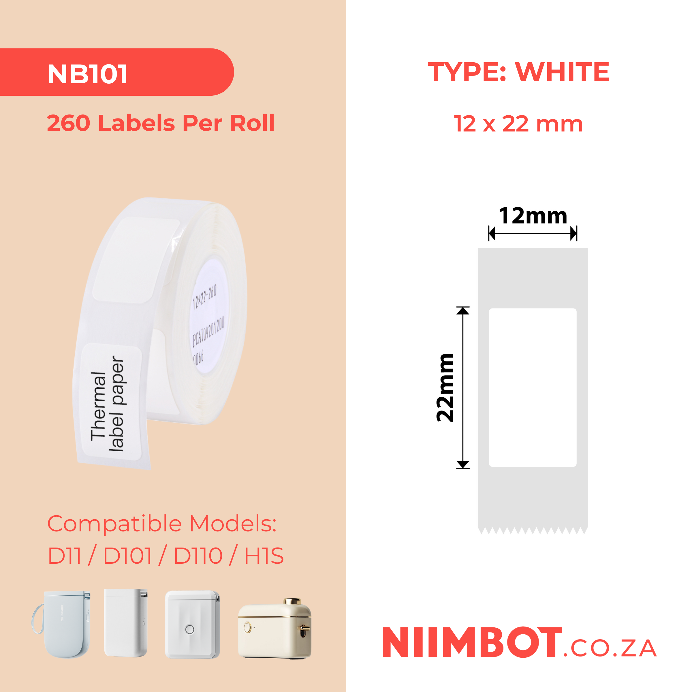 NB101 - NIIMBOT - D11 / D101 / D110 / H1S - T12X22MM - 260  LABELS PER ROLL - WHITE
