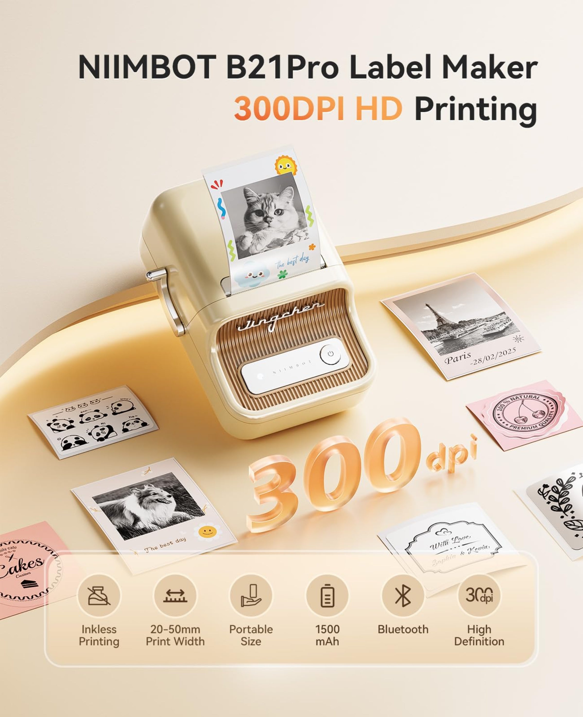 NIIMBOT - B21_PRO - 300DPI - PORTABLE THERMAL LABEL BLUETOOTH PRINTER WITH FREE LABEL ROLL - 50*30MM - WHITE
