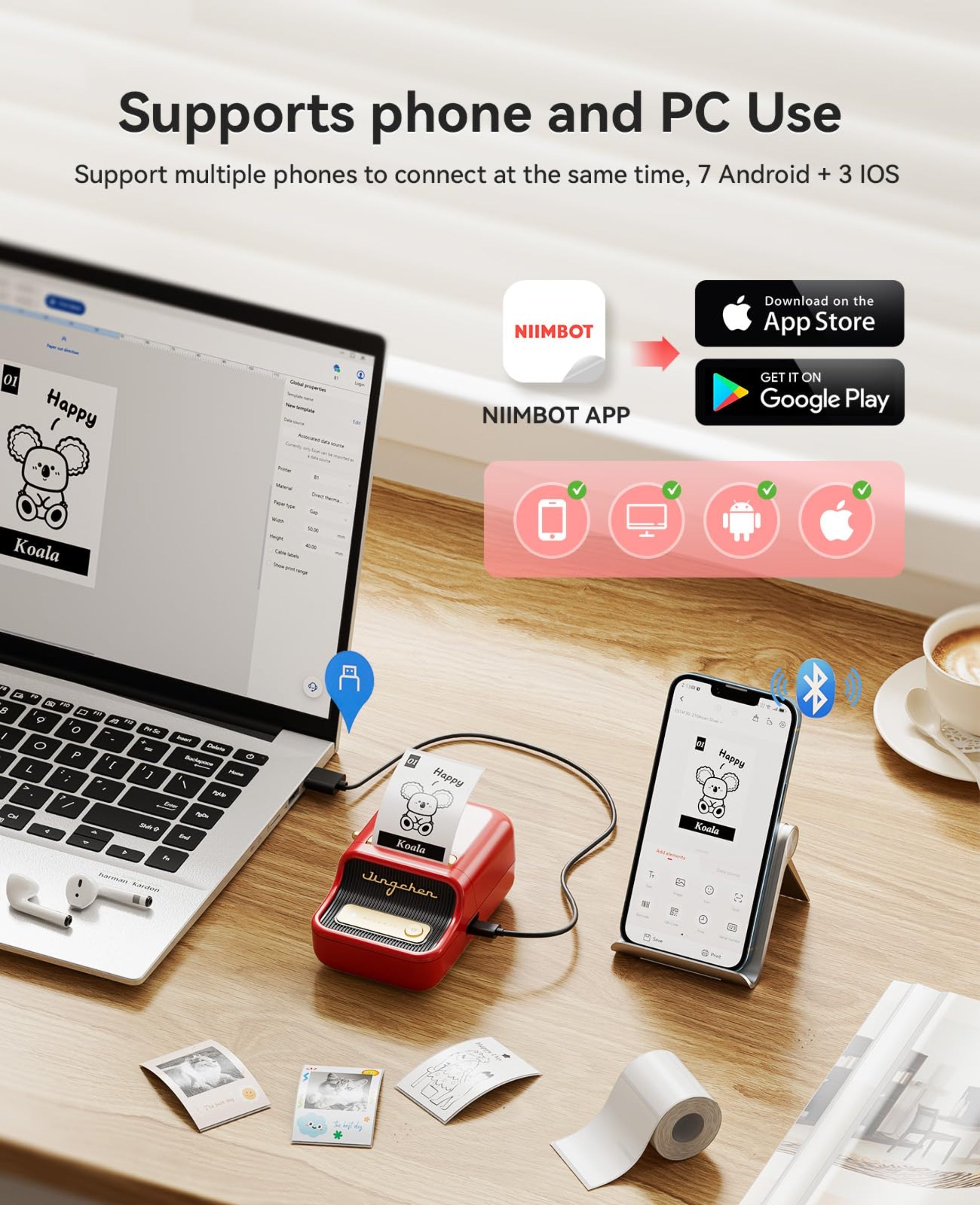 NIIMBOT - B21_PRO - 300DPI - PORTABLE THERMAL LABEL BLUETOOTH PRINTER WITH FREE LABEL ROLL - 50*30MM - WHITE