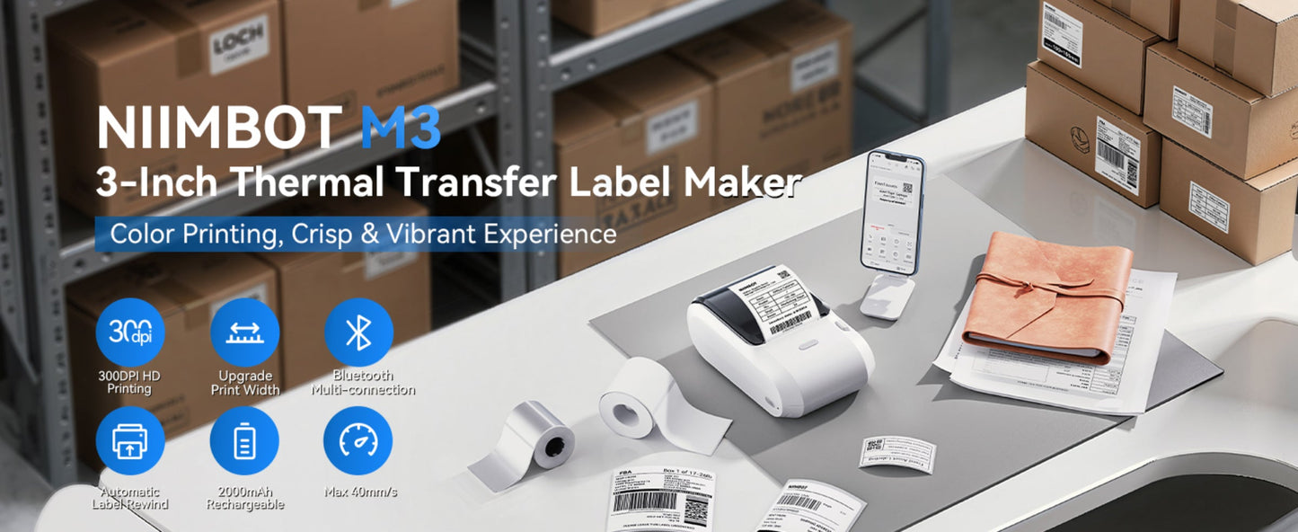 NB610 - NIIMBOT - M3 - PORTABLE BLUETOOTH THERMAL TRANSFER LABEL PRINTER - INCL FREE LABEL ROLL