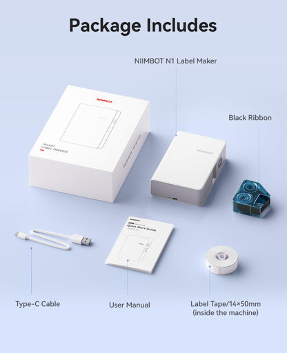 NIIMBOT - N1 - BLUETOOTH THERMAL TRANSFER LABEL PRINTER INCL FREE STANDARD WHITE LABEL & BLACK CARTRIDGE (14*50MM) - IRON ON LABEL MUST BE PURCHASED ADDITIONALLY