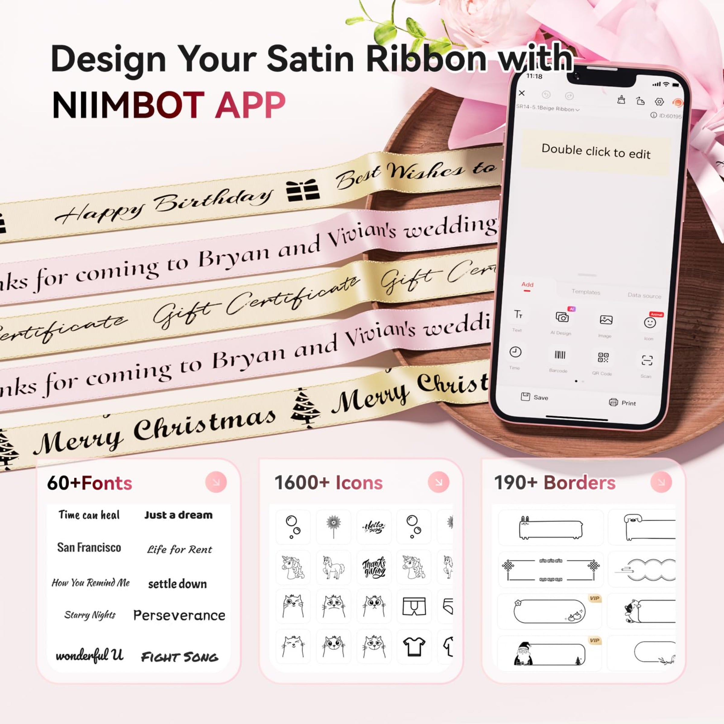 NB624 - NIIMBOT - N1 - BLUETOOTH SATIN RIBBON & LABEL PRINTER KIT INCLUDES BOTH SETS - PINK