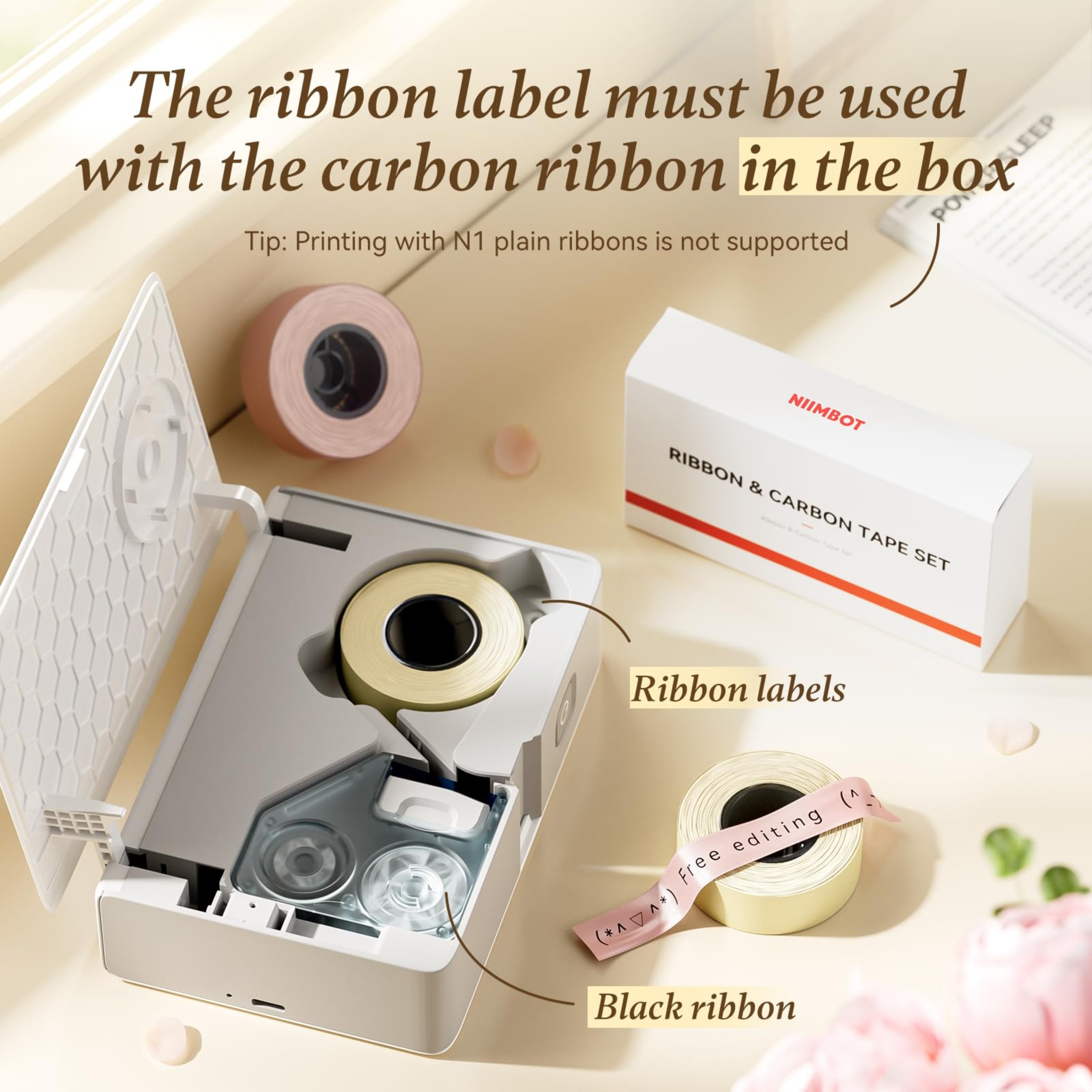 NB624 - NIIMBOT - N1 - BLUETOOTH SATIN RIBBON & LABEL PRINTER KIT INCL BOTH SETS - BEIGE