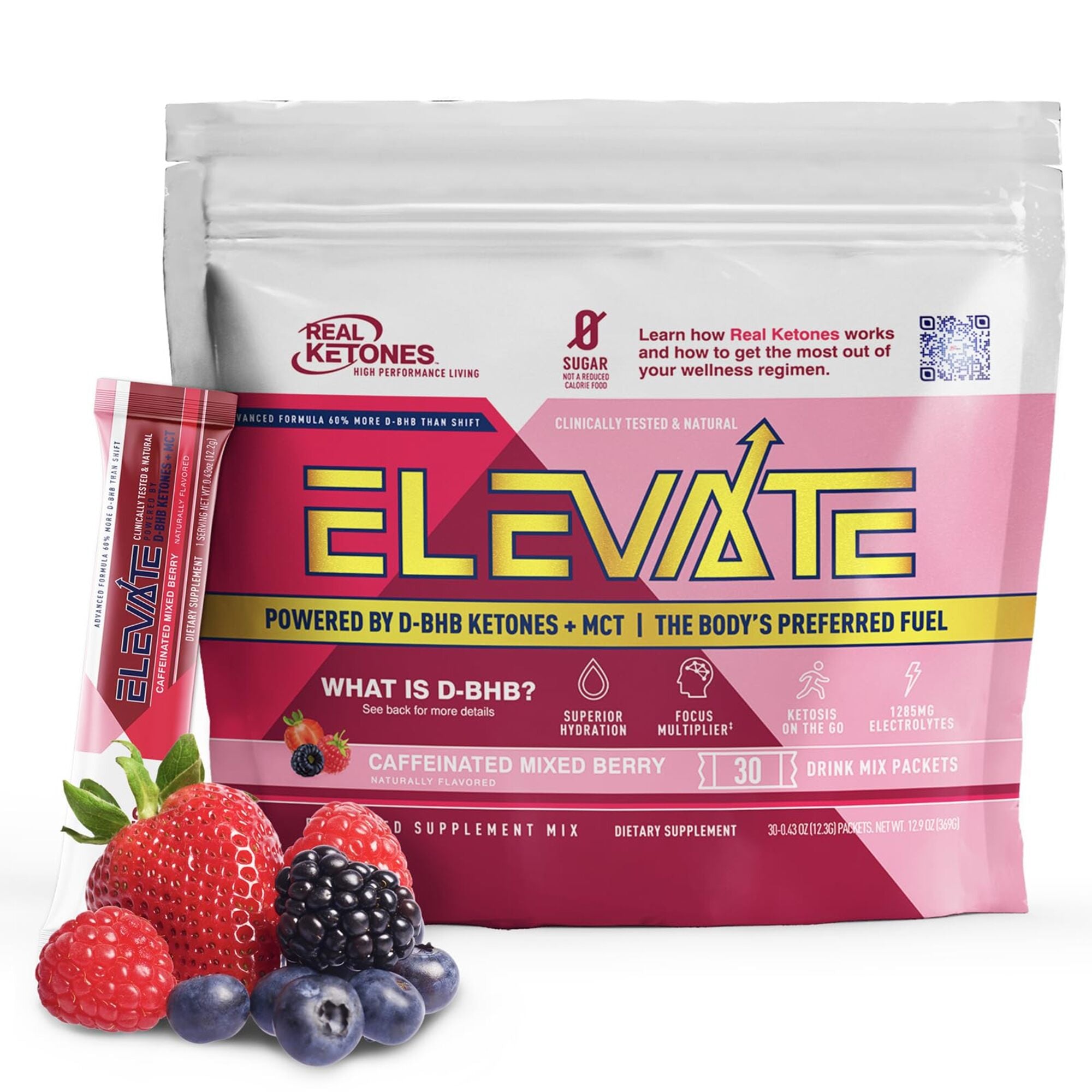 REAL KETONES - ELEVATE - D-BHB & MCT & ELECTROLYTES - 30 STICK PACK GUSSET BAG