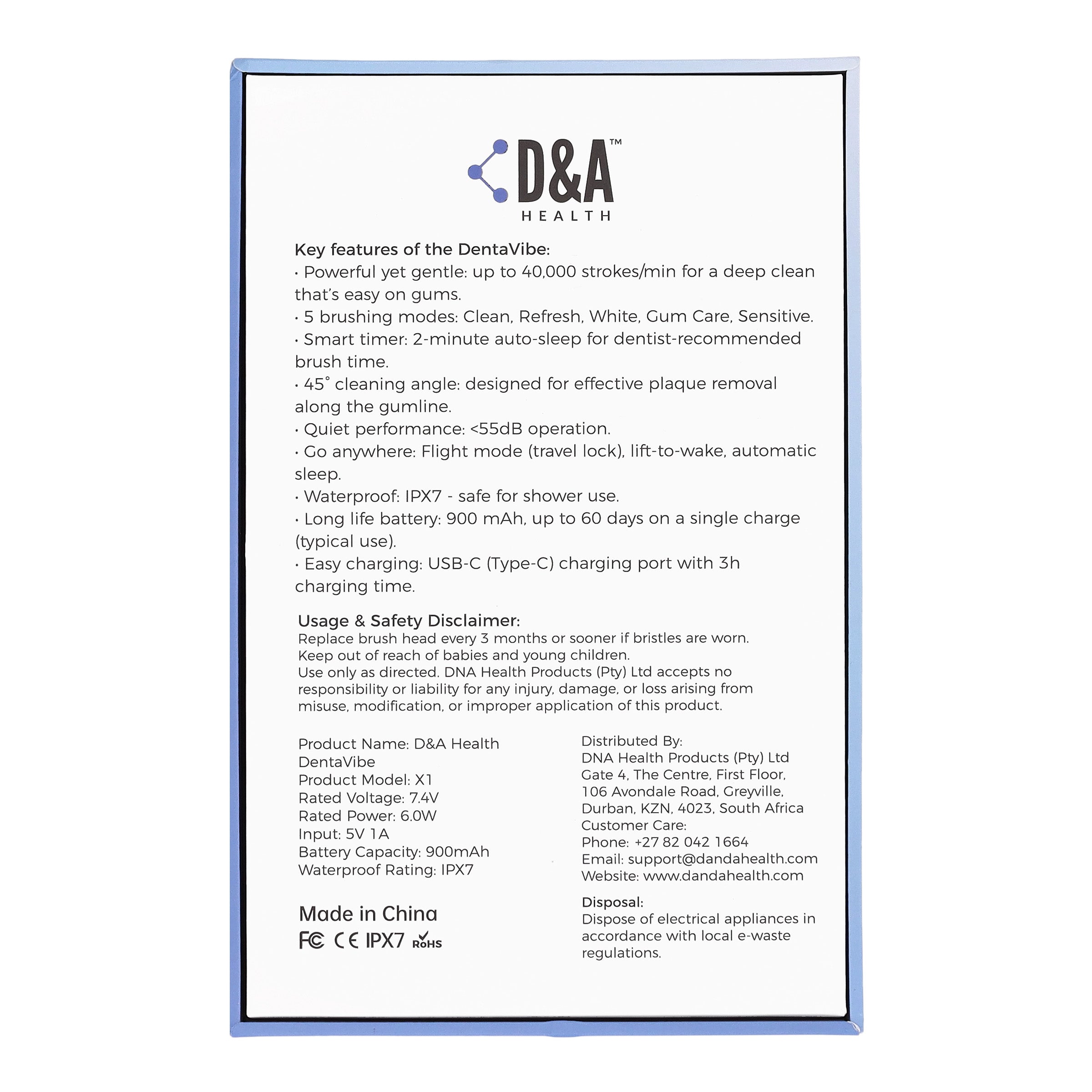 D&A HEALTH - DENTAVIBE - X1 - ELECTRONIC TOOTHBRUSH