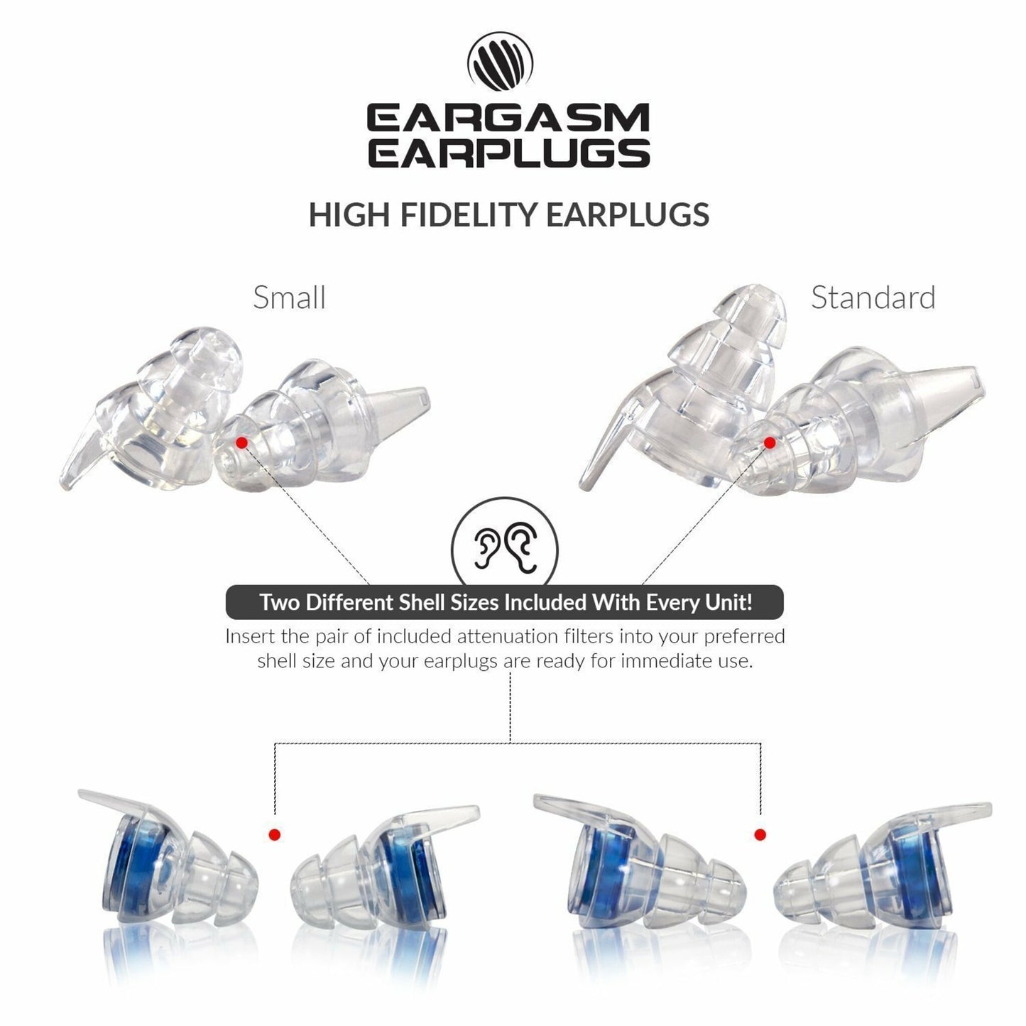 EARGASM HIGH FIDELITY EARPLUGS - SMALLER EARS OR STANDARD SIZE