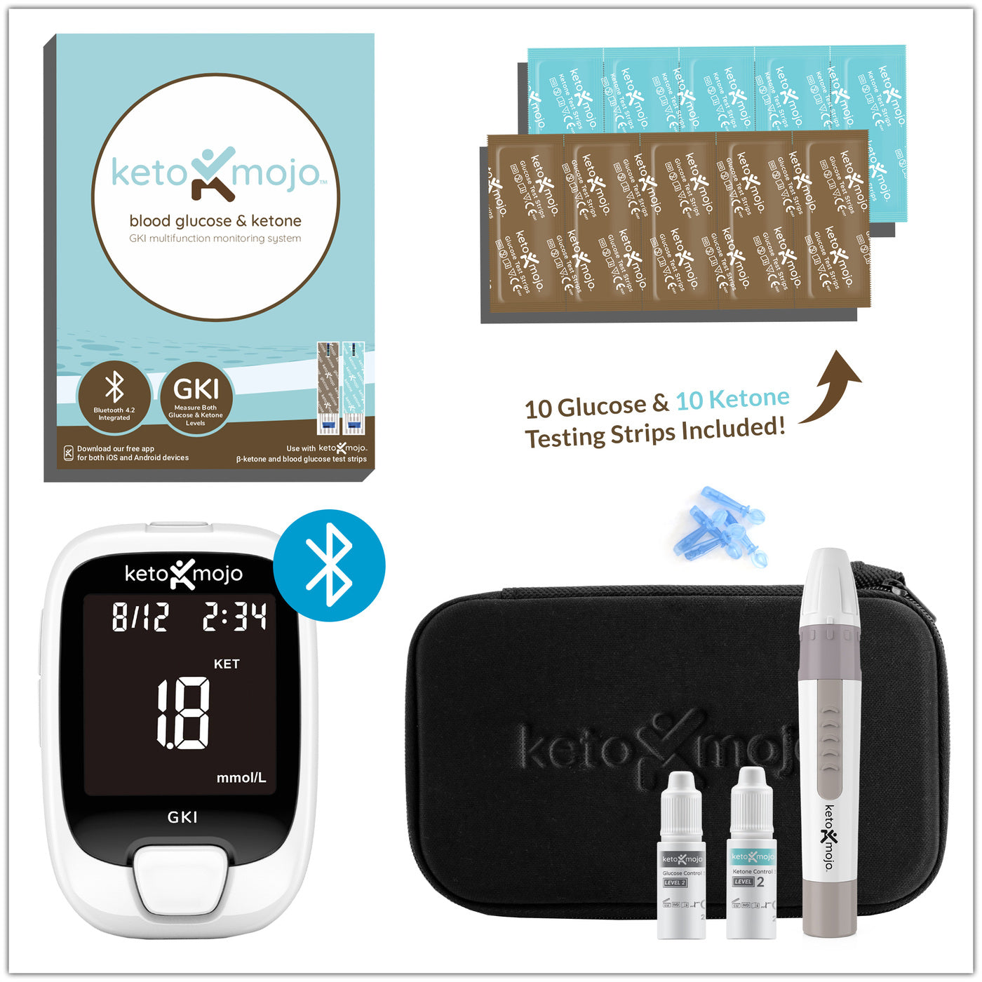 The Keto-Mojo GKI glucose and ketone meter is an essential tool for anyone following a ketogenic lifestyle.  The Keto-Mojo Basic Starter Kit comes with a blood ketone and glucose meter with Bluetooth capabilities. Glucose test strips. Ketone test strips. A lancet device with 10 lancets. Glucose control solution. Ketone control solution. A high-quality accessory case.