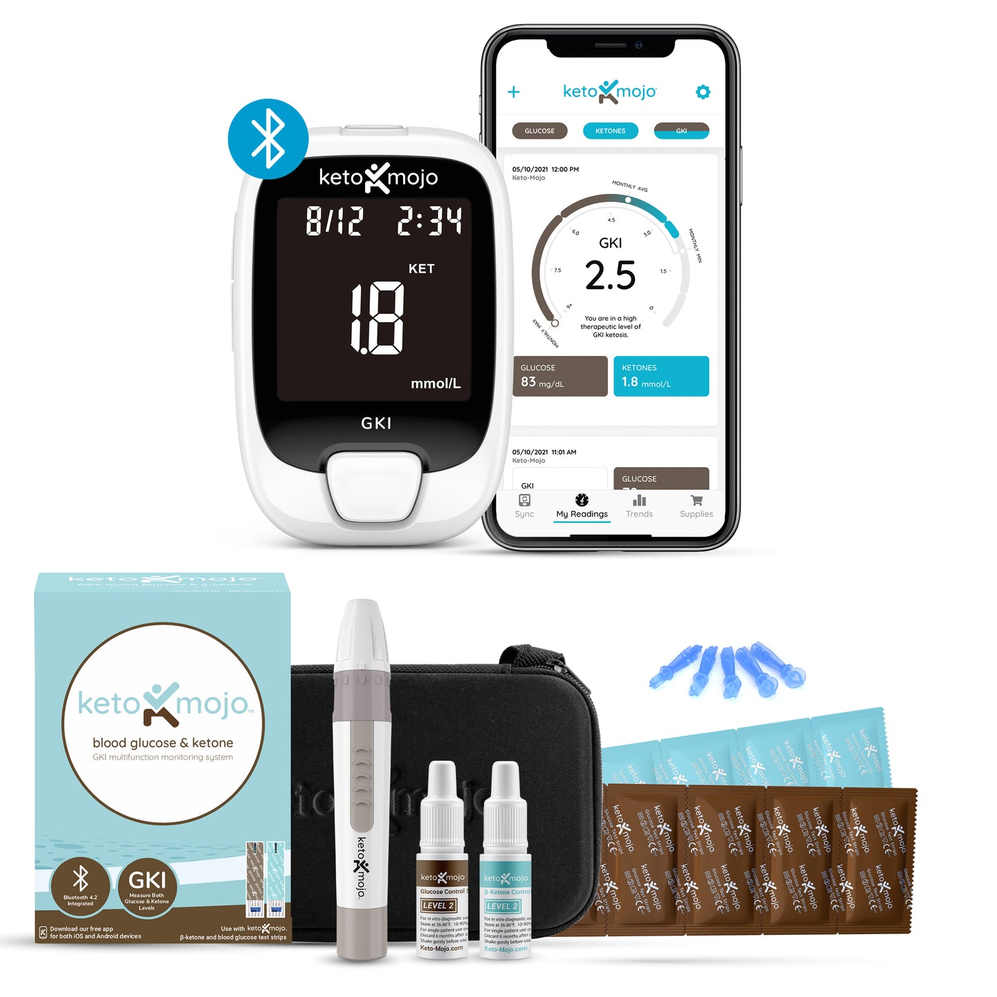 Keto-Mojo blood ketone and glucose meter with glucose test strips and ketone test strips.
