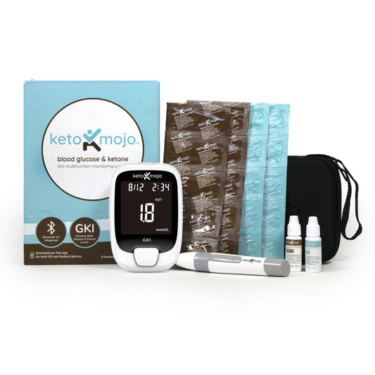 Keto-Mojo blood ketone and glucose meter with glucose test strips and ketone test strips.