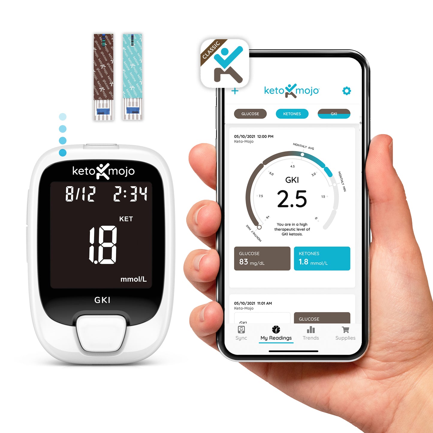 As a Keto-Mojo user, you get free access to the Keto-Mojo Classic App on iOS and Android.  The Bluetooth integration is a seamless connection from your keto meter to the app without any additional formatting or settings needed. This allows you easy access to sync your blood glucose and keto test result from the Keto-Mojo meter to your smartphone.  What a great way to track and monitor your progress!  