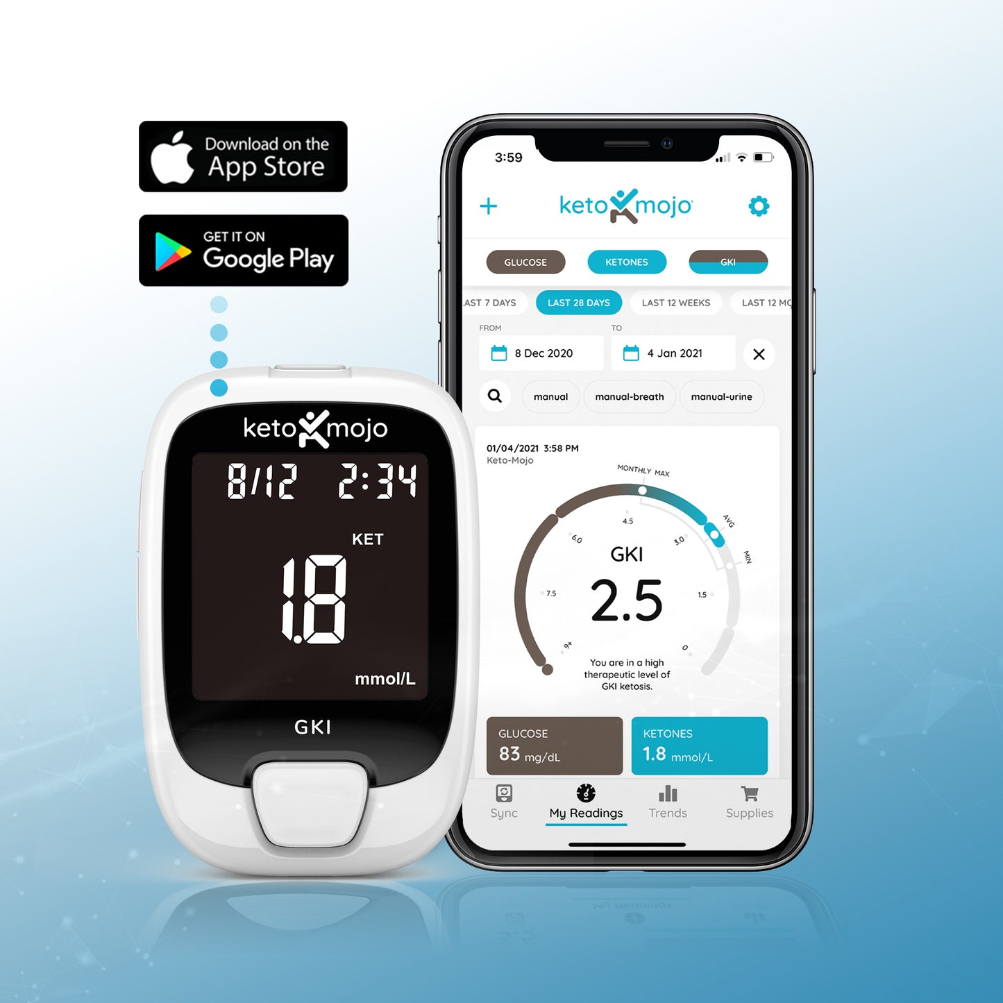 As a Keto-Mojo user, you get free access to the Keto-Mojo Classic App on iOS and Android.  The Bluetooth integration is a seamless connection from your keto meter to the app without any additional formatting or settings needed. This allows you easy access to sync your blood glucose and keto test result from the Keto-Mojo meter to your smartphone.  What a great way to track and monitor your progress!  