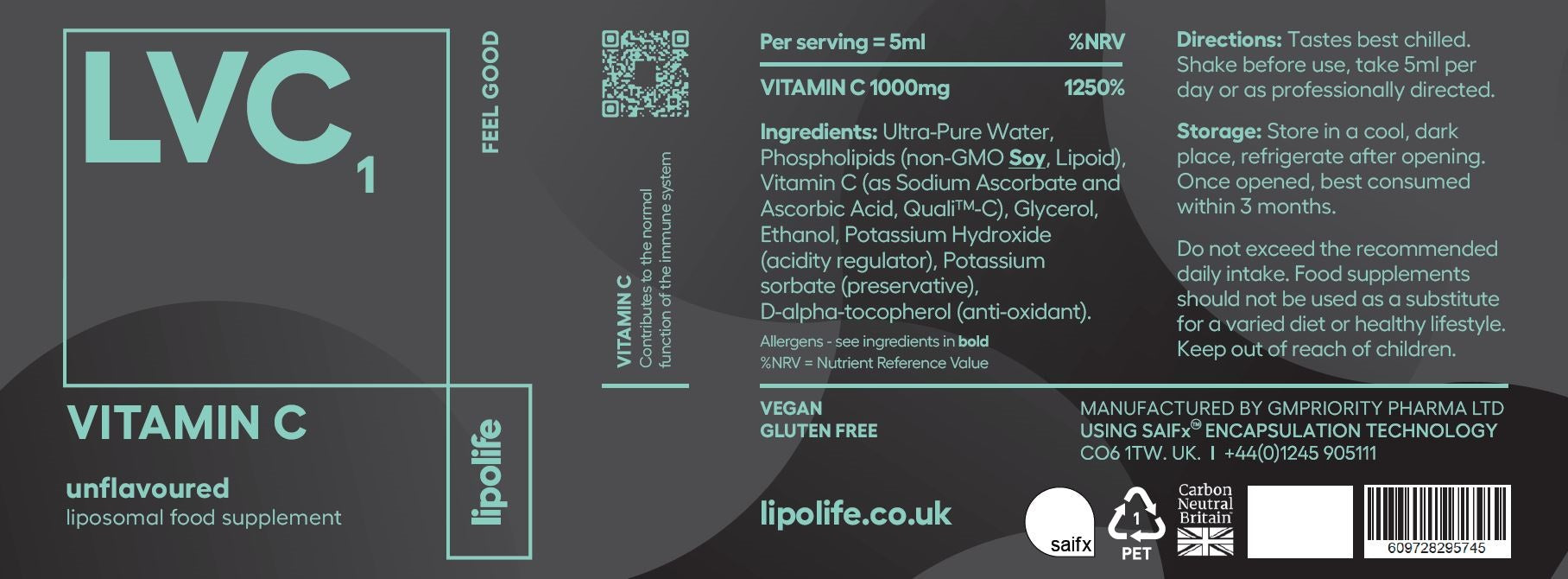 LIPOLIFE - LVC1 LIPOSOMAL VITAMIN C - 1,000MG PER 5ML - 240ML (SOY)