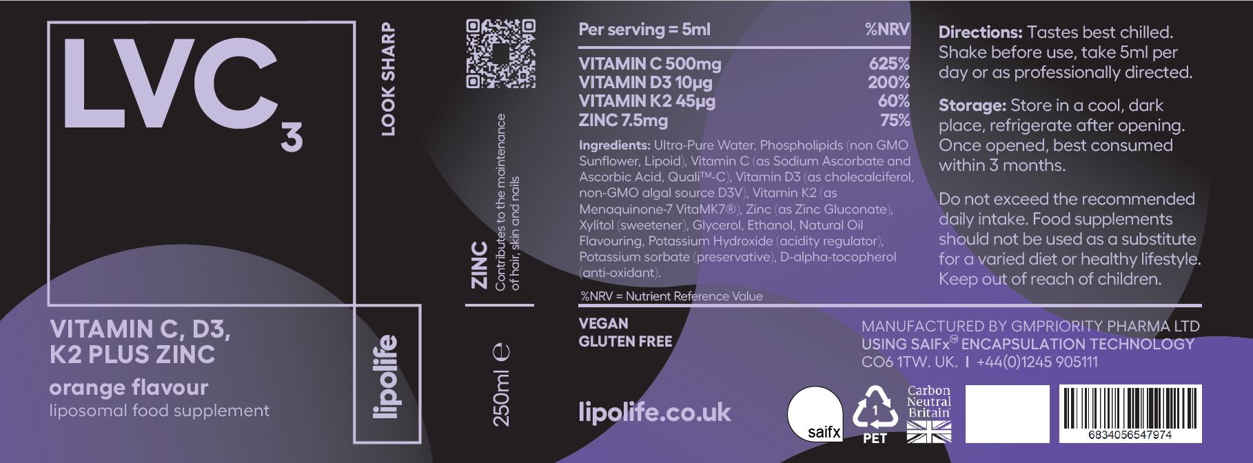 LIPO LIFE - LVC3 VITAMIN C, D3, K2 + ZINC